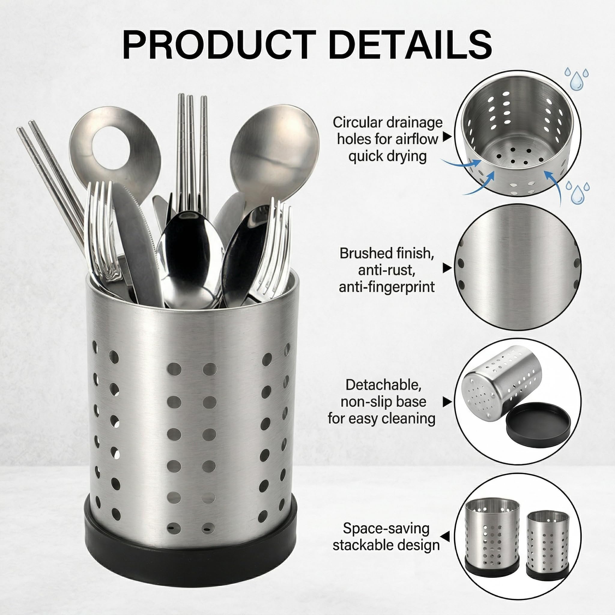 Portaposate In Acciaio Inox 15x10x7,5 Cm – Organizer Da Cucina Per Utensili, Mestoli E Forchette, Nero, Antiscivolo
