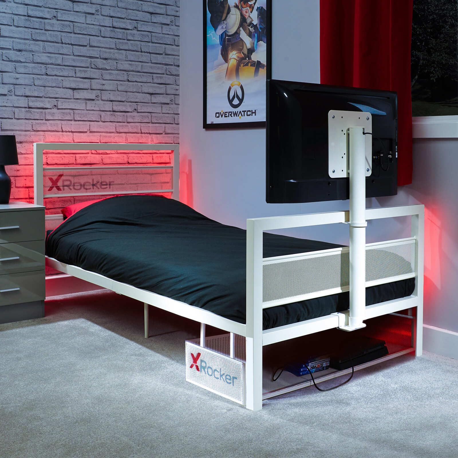 X-Rocker Basecamp Gaming Bed with Rotating TV Mount, Storage and Cable Management, Single 3ft Low Sleeper Bedstead, Metal Frame, Ideal for Kids Bedroom, Supports Up to 32" TV - White