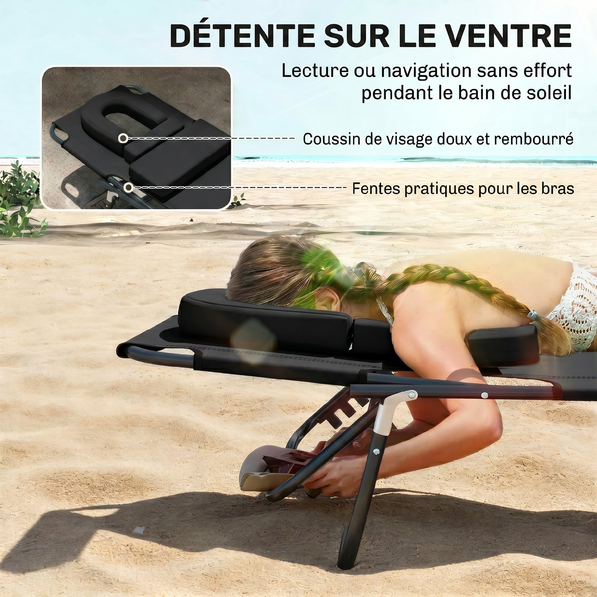 HOMCOM Transat de Jardin Chaise Longue Pliante Bain de Soleil Noir