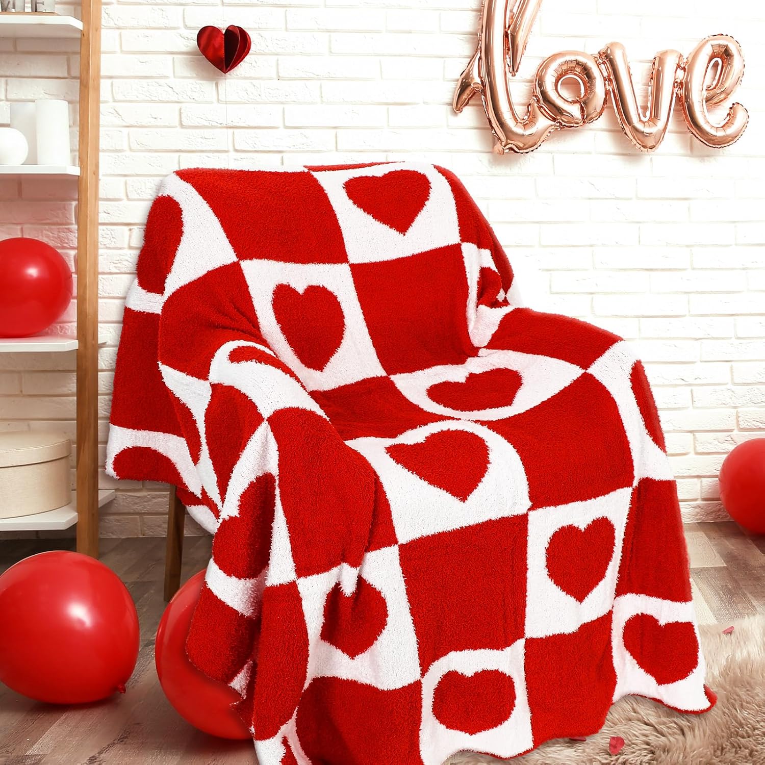 JarThenaAMCS Valentine's Day Knit Throw Blanket 50 x 60 Inch Reversible Pink Red White Checkered Love Heart Plush Flannel Blankets Gift for Wife Women Couch Sofa Bed Decor - Image 6