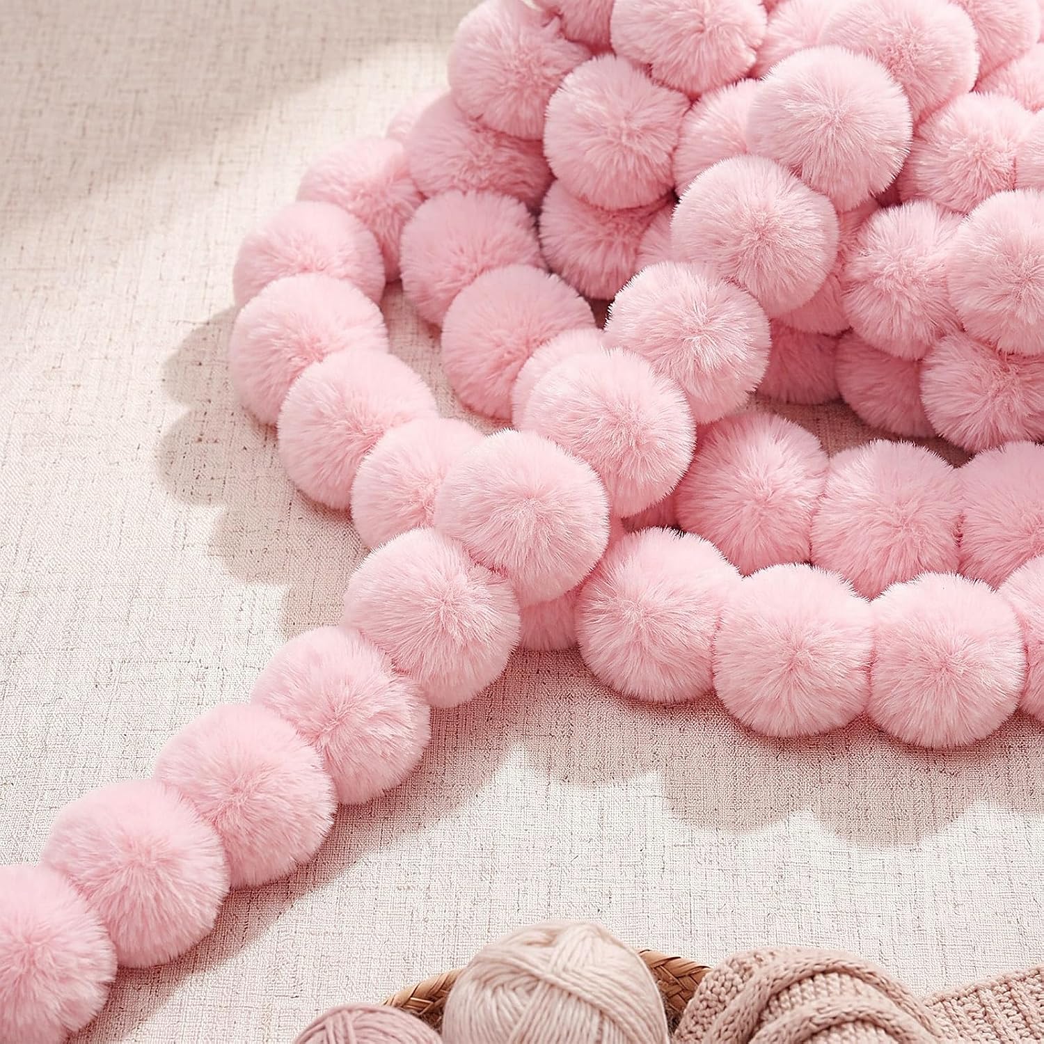 Sureio Pink Pom Pom Trim Ribbon 5 Yards for Sewing, 1.57 Inch Wide Soft Fluffy Faux Fur Fringe for DIY Crafts, Clothing Edging, Pet Beds, Curtain Pillow Home Decor, Wedding Party Favor Decoration