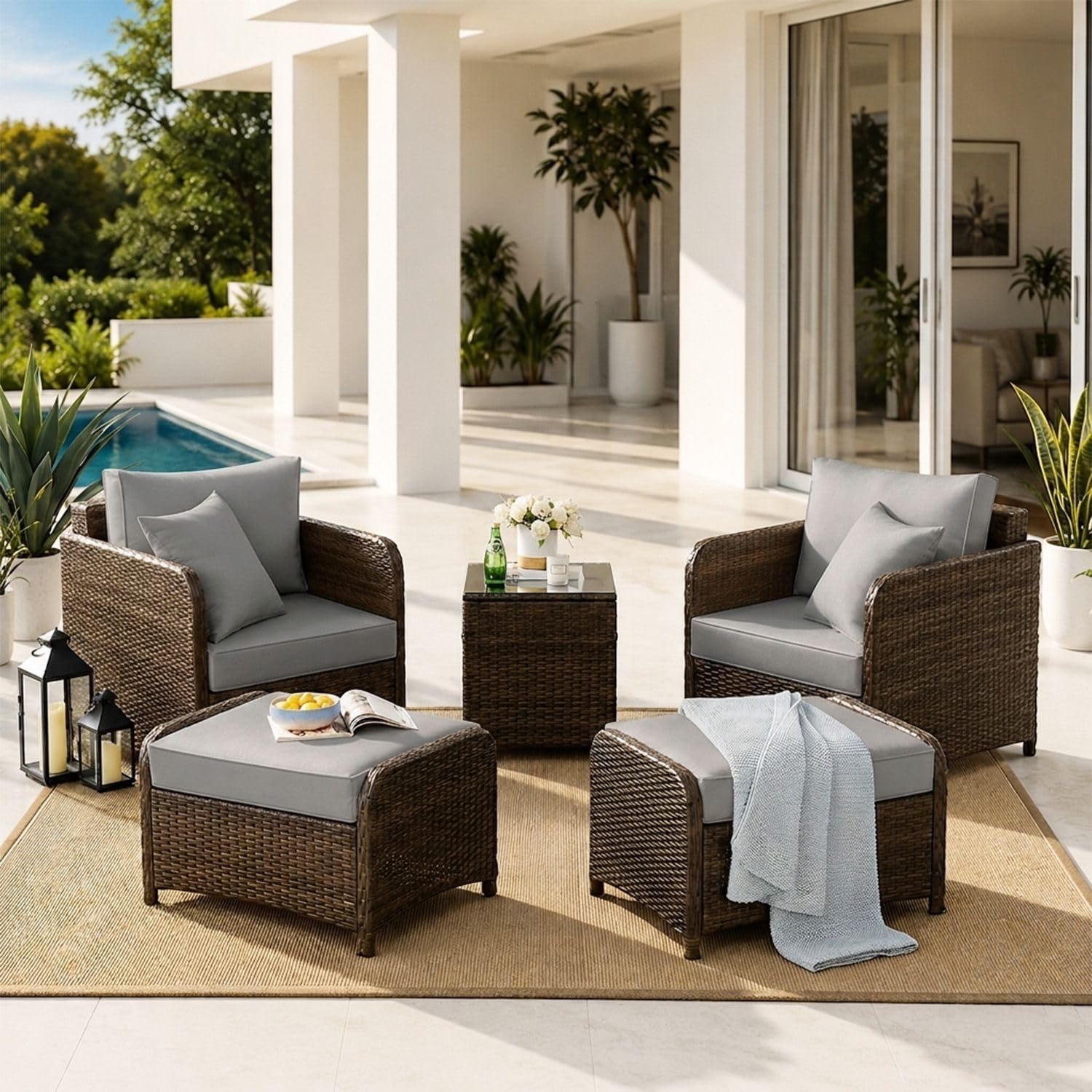 DEVOKO Outdoor Patio Furniture, All Weather Wicker Rattan Conversation Set With Cushioned Chairs, Ottomans, Glass Side Table For Lawn, Pool, Balcony (Dark Brown & Grey), 63.5 CM, 23 Inch, 81.3 Cm