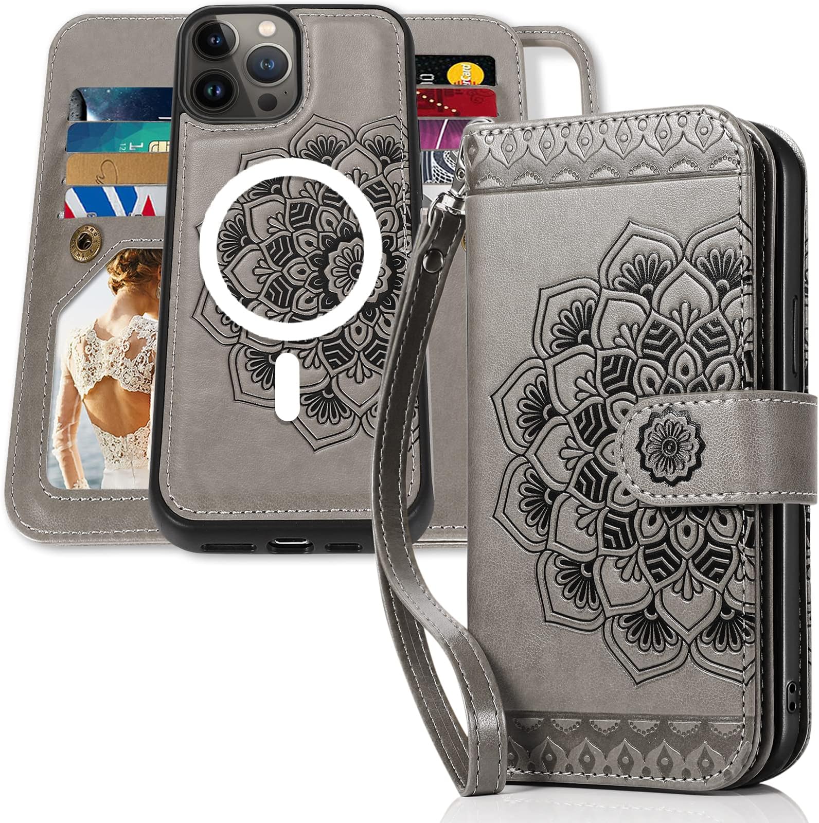 CASEOWL iPhone 14 Pro Max Wallet Case Compatible with Magsafe, [RFID Blocking] Magnetic Detachable Mandala Embossed Folio Leather iPhone 14 Pro Max Case Wallet with 9 Card Slots, Strap for Women(Gray)
