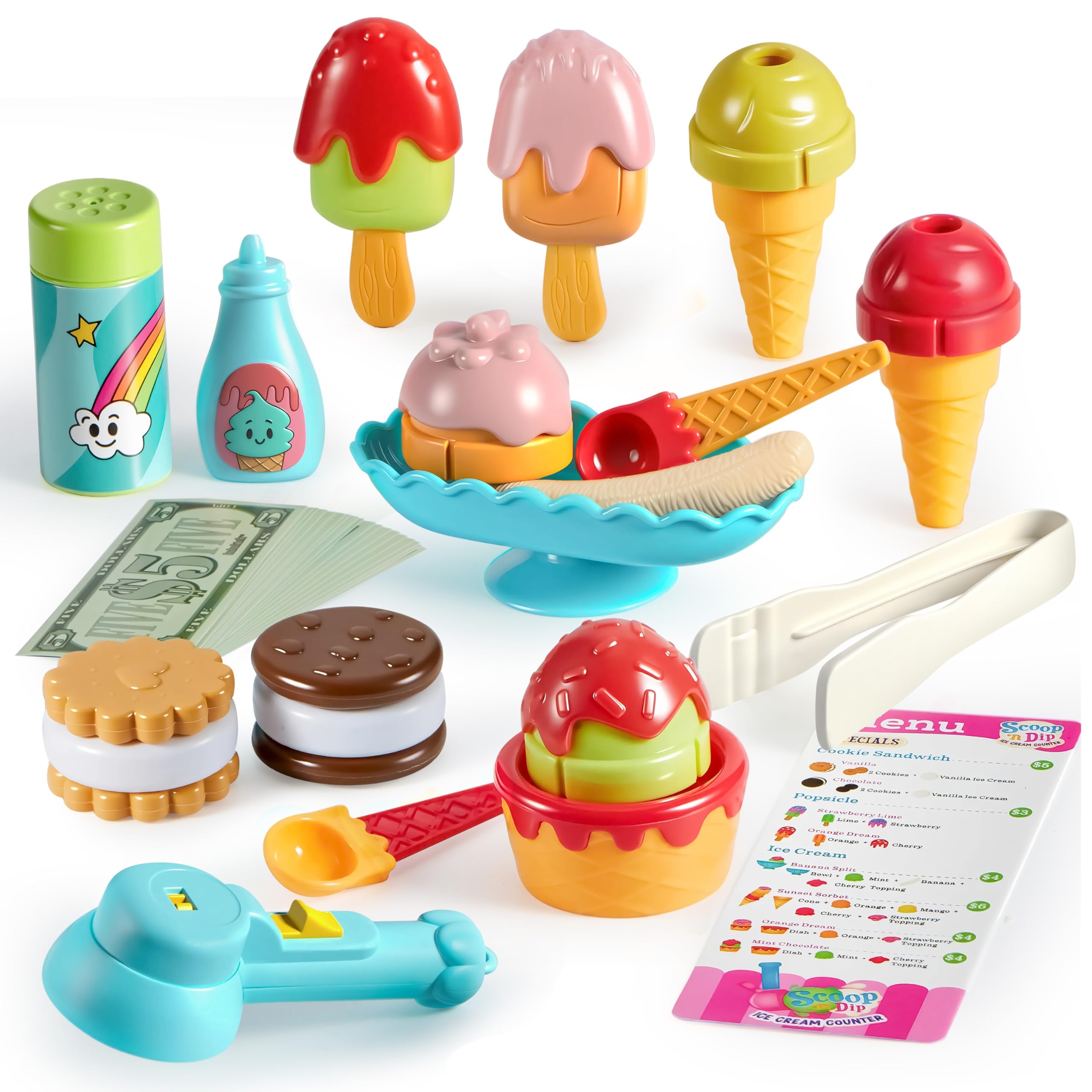 Ice Cream Play Food Pretend Toy for Role Play, Play Kitchen Accessories, Christmas Preschool Gifts for Girls Boys Kids Toddlers 3+