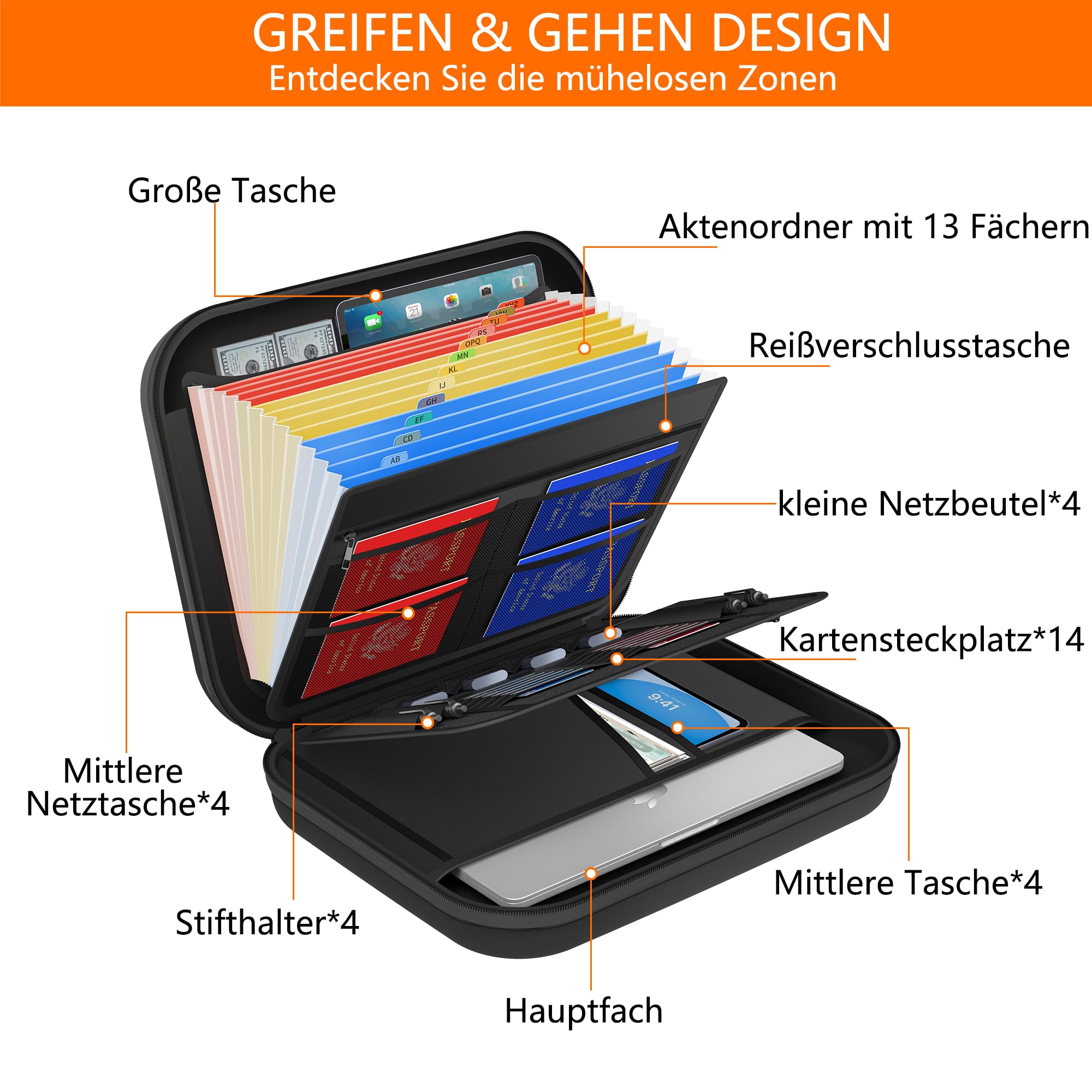 JUNDUN Feuerfeste Dokumentenbox mit Schloss & Trageriemen, Hartschalen-Aktentasche mit 13 Fächern, Aktenordner, Tragbarer Safe für Dokumente, Laptop für Home Office & Reise
