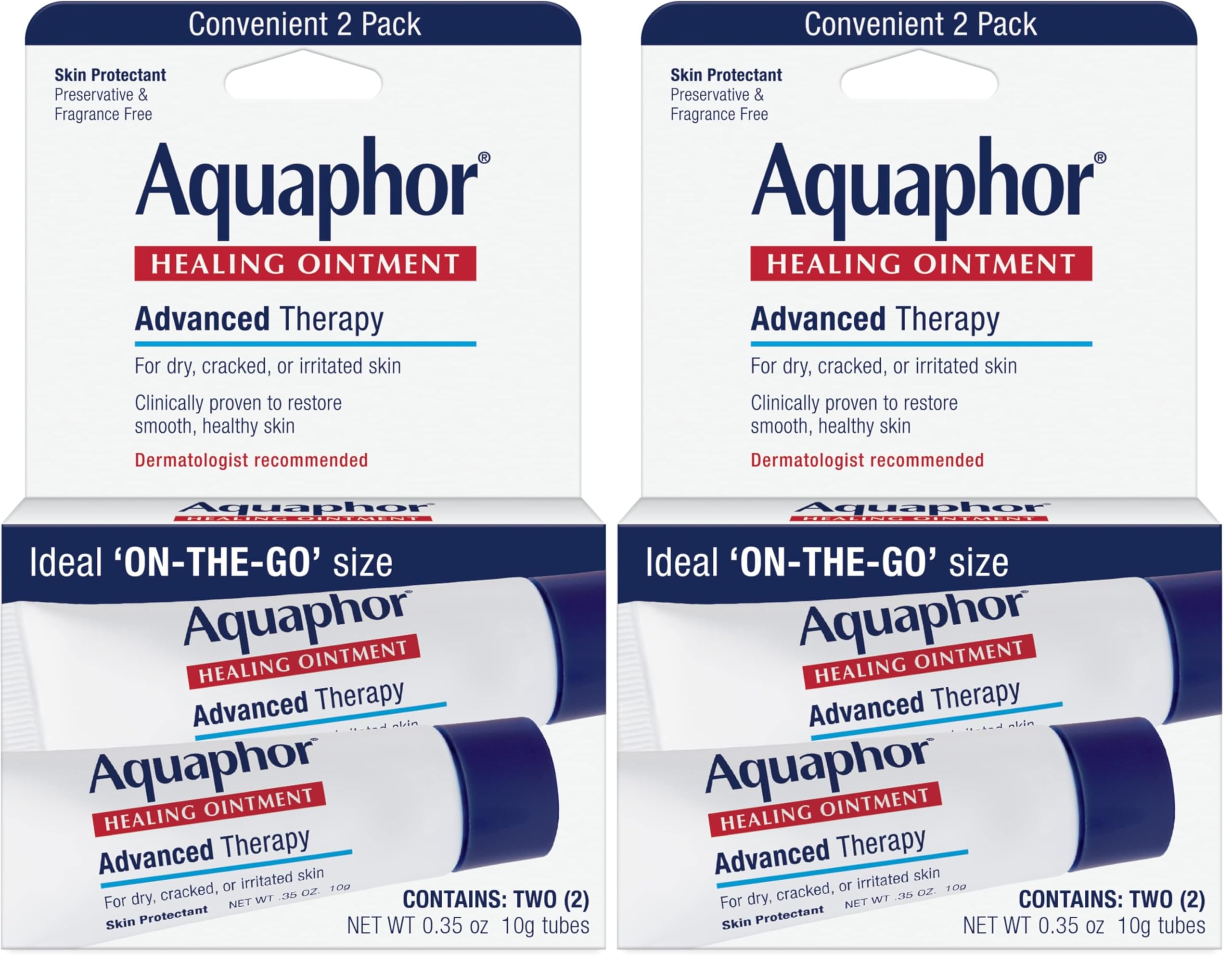 Aquaphor Healing Ointment Advanced Therapy Skin Protectant, Travel Size Body Moisturizer for Dry Skin, Minor Cuts and Burns, Dry Cuticles, Cracked Heels, Hands and Lips, 0.35 Oz Tube (2 x Pack of 2)