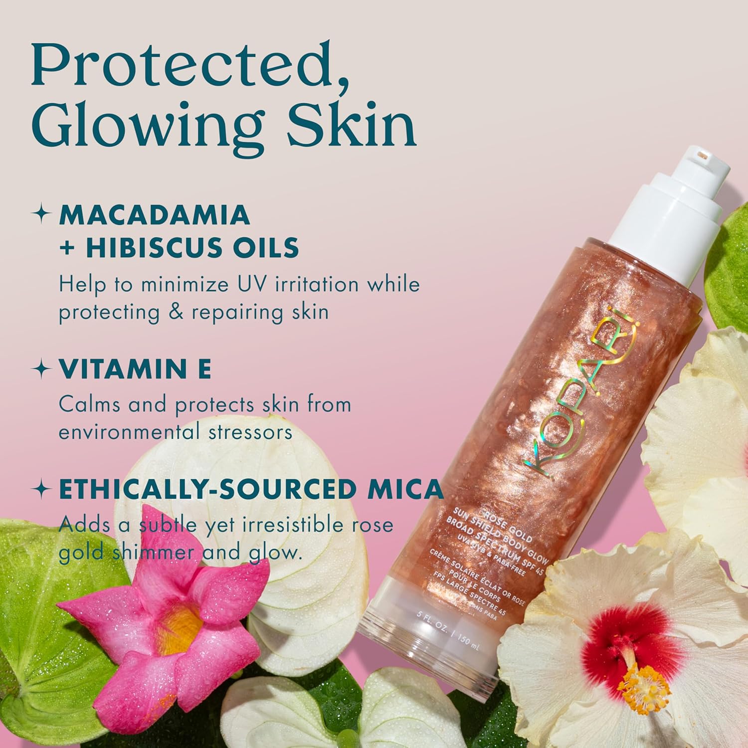 Kopari Sun Shield Body Glow, Broad Spectrum SPF 45, Lightweight Shimmering Gel Texture Absorbs Quickly, Non Sticky, Glowing Results, Rose Gold 5 oz - Image 4