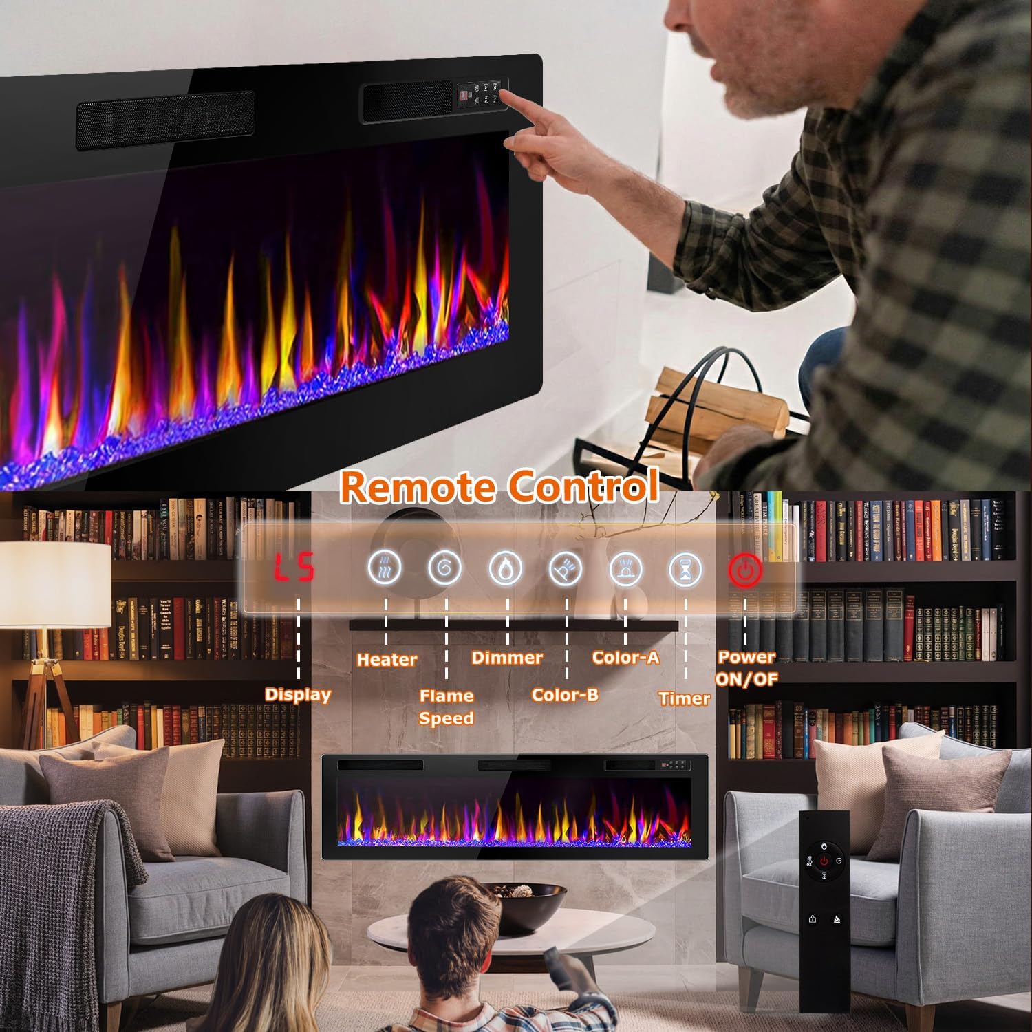 LEMBERI 72 inch Electric Fireplace Recessed and Wall Mounted,750/1500W Fireplace Heater and Linear Fireplace with Timer,Remote Control,Adjustable Flame Color and Speed