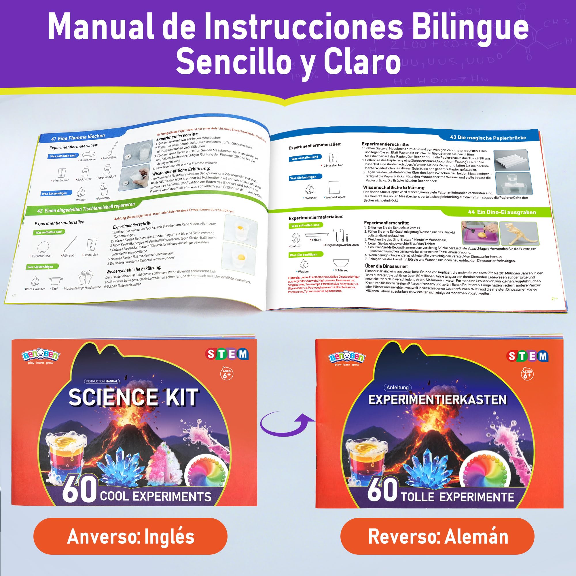 BenBen 60+ Experimentos Científicos Para Niños A Partir De 6 Años – Set STEM Con Volcanes, Cristales Y Magia – Regalo Educativo Y Divertido