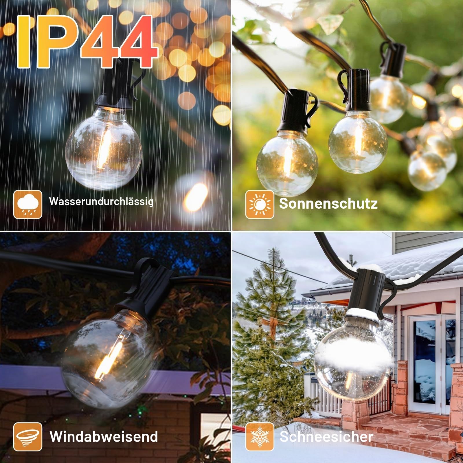 Quntis 34M Solar Lichterkette Außen mit Fernbedienung | 8 Modi/Timer Funktion/4 Dimmbare Helligkeit Outdoor Lichterkette, (50 +3) G40 Glühbirne,Solarlichterkette für Garten,Balkon