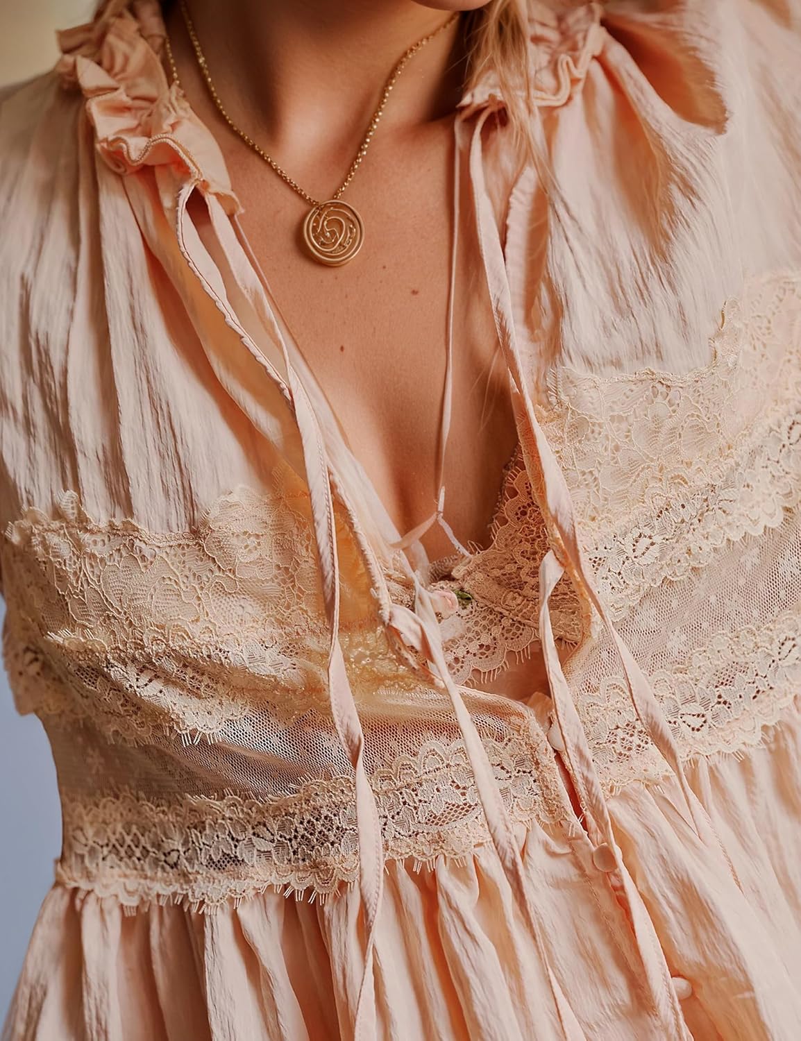 Women Tie Front Ruffle Boho Tops Lace Sheer Flowy Peasant Blouses Y2k Short Sleeve Lace Crop Shirt for Cute Going Out Top - Image 4