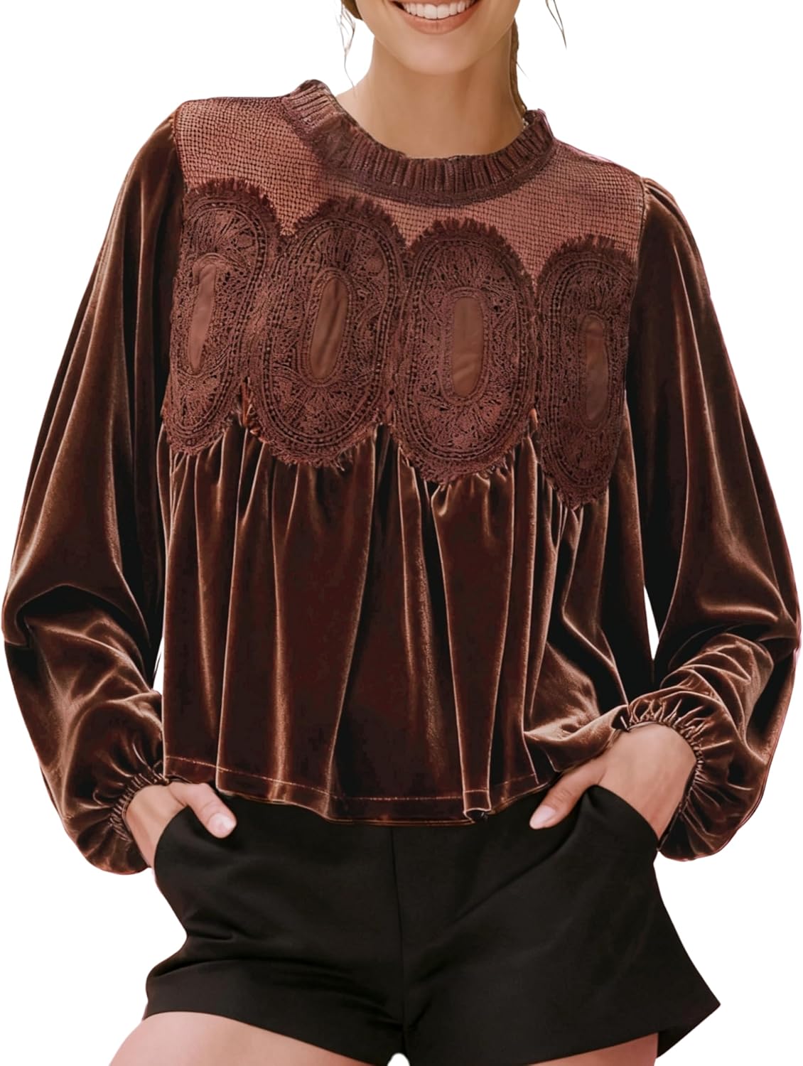 Gozoloma Women's Long Sleeve Velvet Trim Lace Blouse Elegant Flared Swing Top Round Neck Blouse Casual Wear