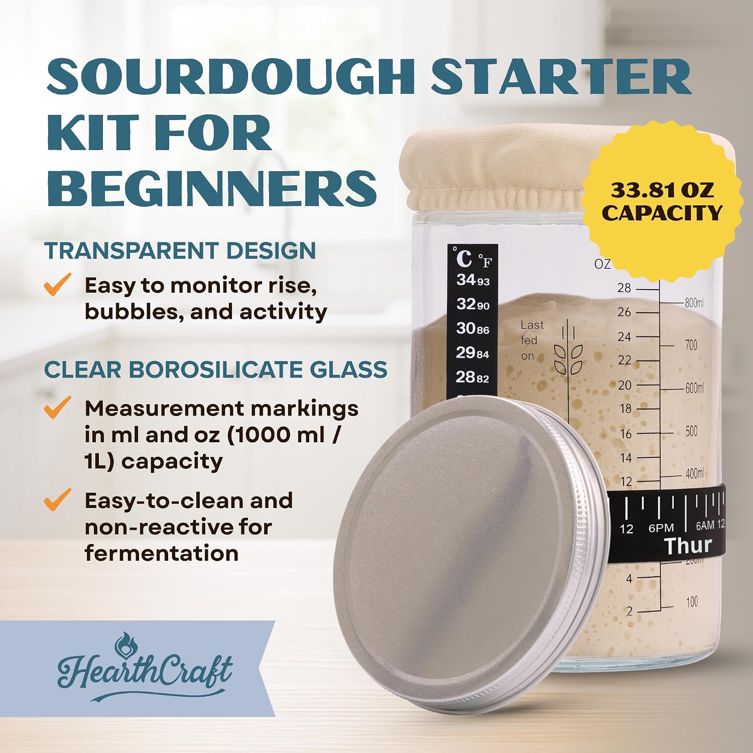Sourdough Starter Jar Kit 34oz - Wide Mouth Glass Jar with Thermometer Strip, Feeding Day Tracker, Silicone Spatula, Cloth Cover, Measuring Cups & Metal Lid for Homemade Artisan Sourdough Bread Baking