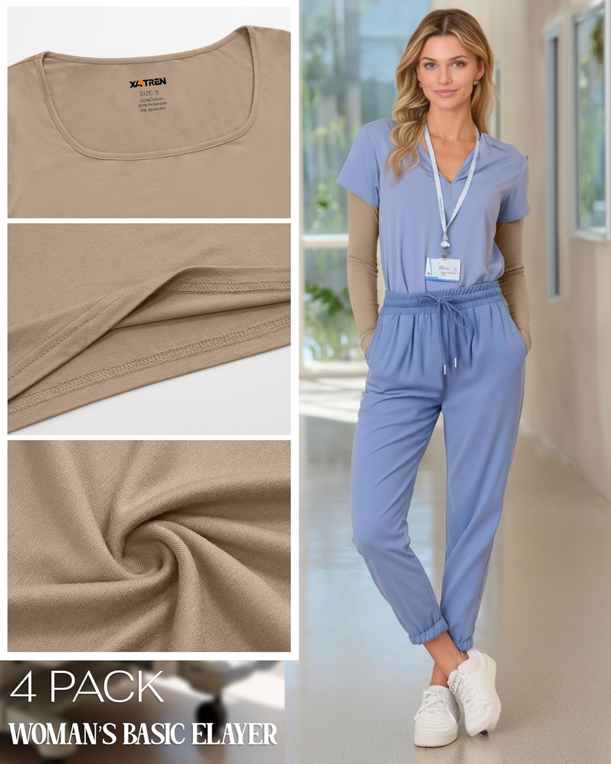 4 Pack Women's Underscrub Shirts Long Sleeve Square Tops Comfort Knit Fitted Layering Undershirts for Nurse