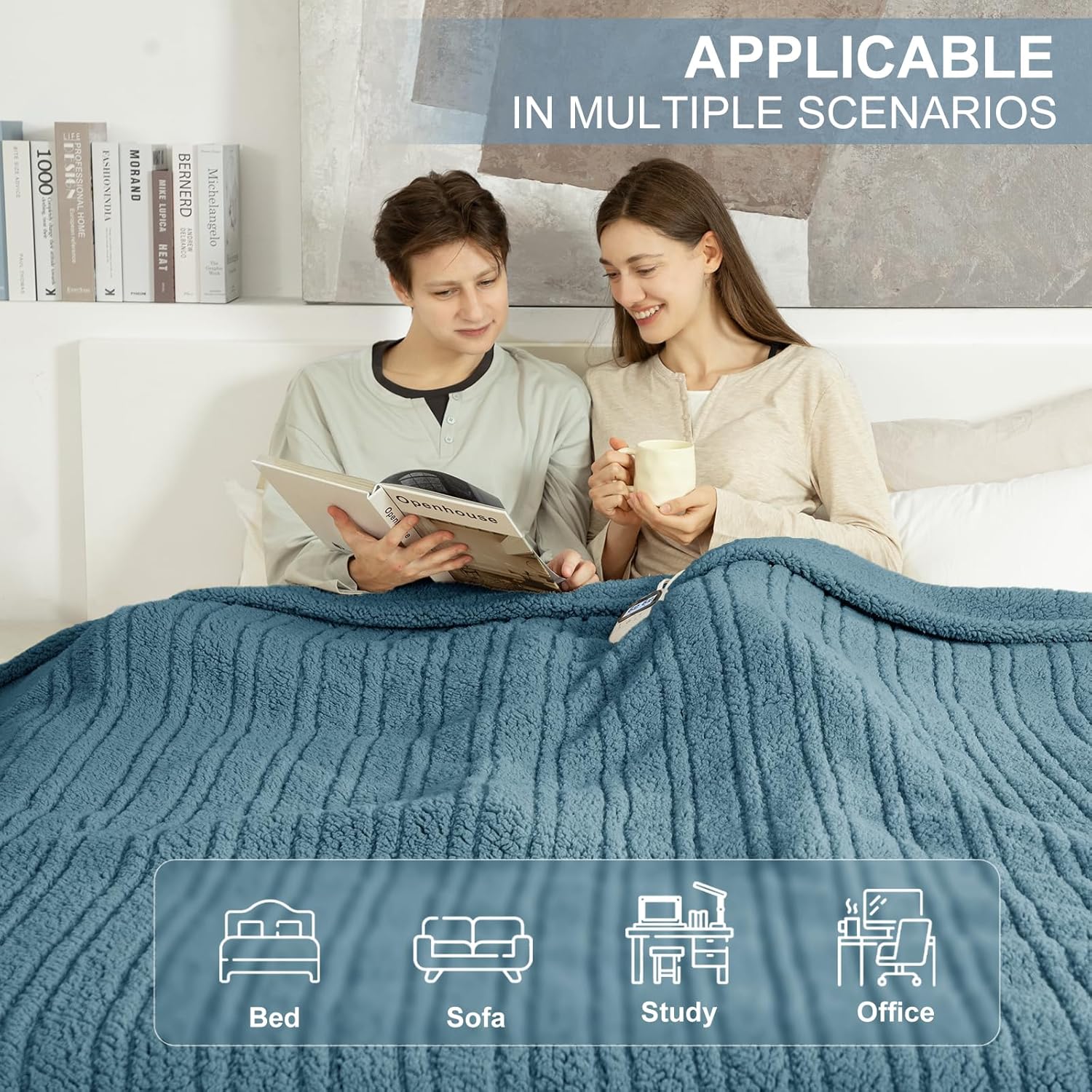 Electric Blanket Queen Size Single Control - Soft Double Sided Sherpa Heated Blanket with 6 Fast Heating Levels & 10 hrs Timer Settings, Washable & Overheat Protection for Bed, Blue - Image 8