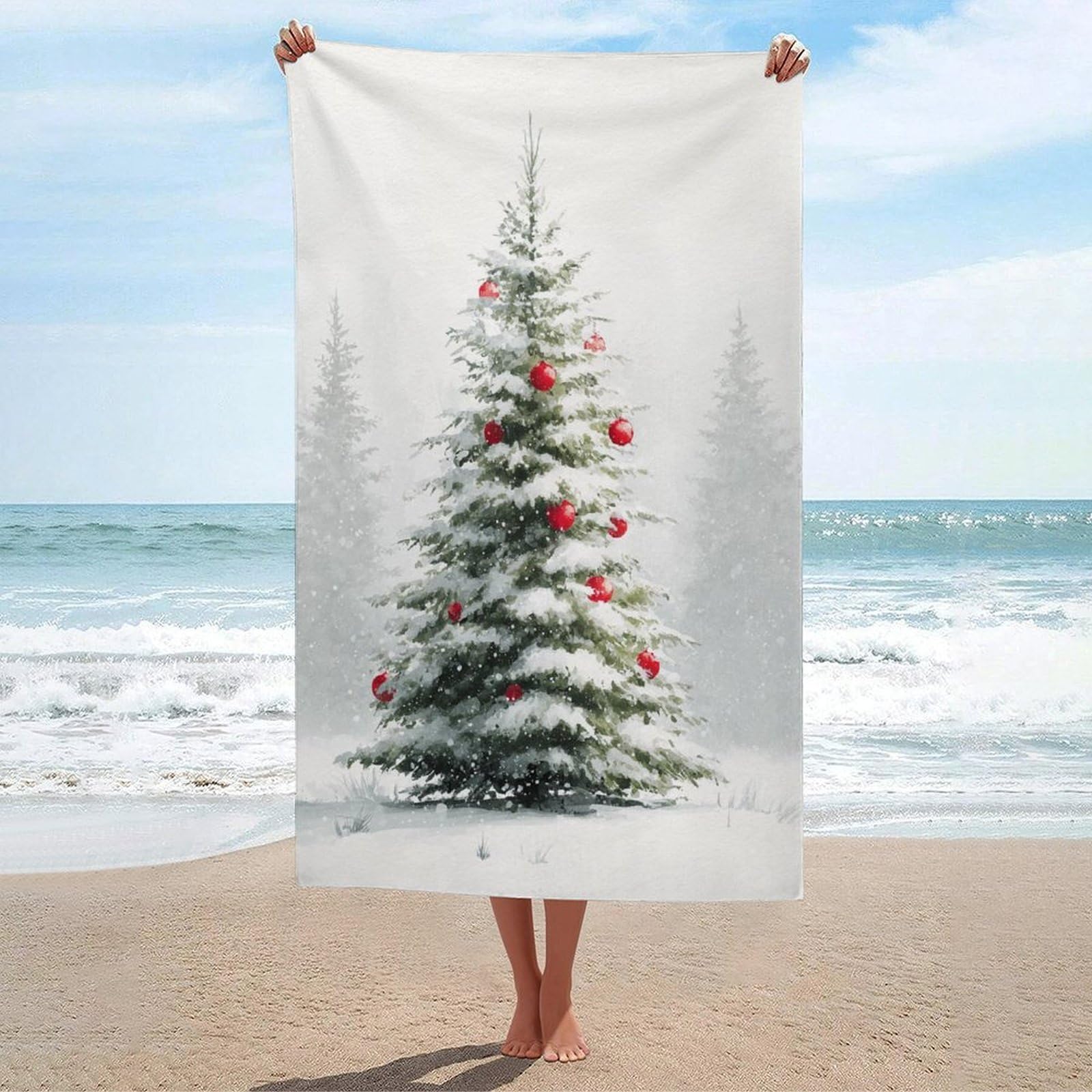 LSRCPD Tall Christmas Tree Covered in Snow Beach Towel Sand Free Microfiber Large Shower Towels Multipurpose Absorbent for Bathroom Pool 130x80 CM