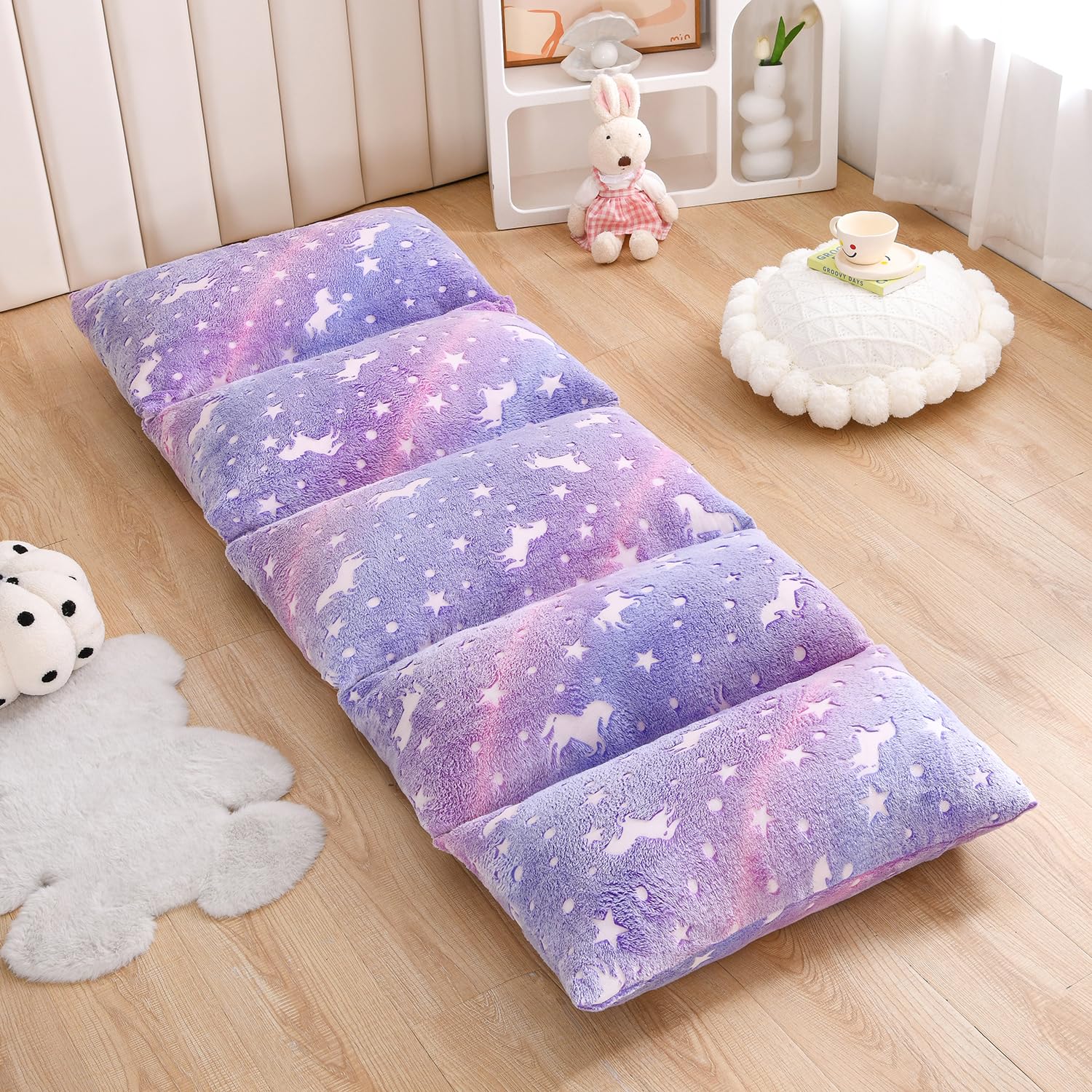Mengersi Velvet Floor Pillows,Unicorn Glow in The Dark Pillow Bed Floor Lounger Cover for Kids Girls Boys,Mattress Floor Bed Sleeping Mat for Girls Teen Toddler,Requires 5 Pillows(Queen,Purple)