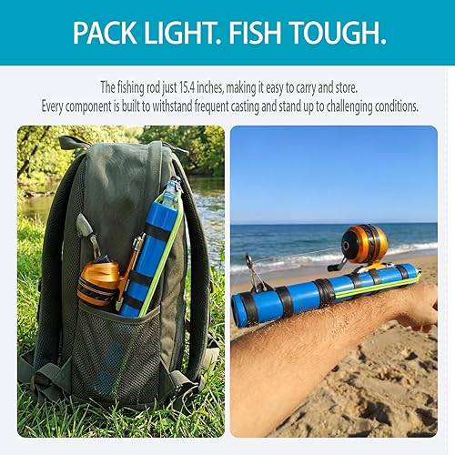Miniatura 8 de Caña de catapulta de pesca con carrete y 2 señuelos, caña de pescar telescópica portátil, kit completo de fundición con bolsa de transporte