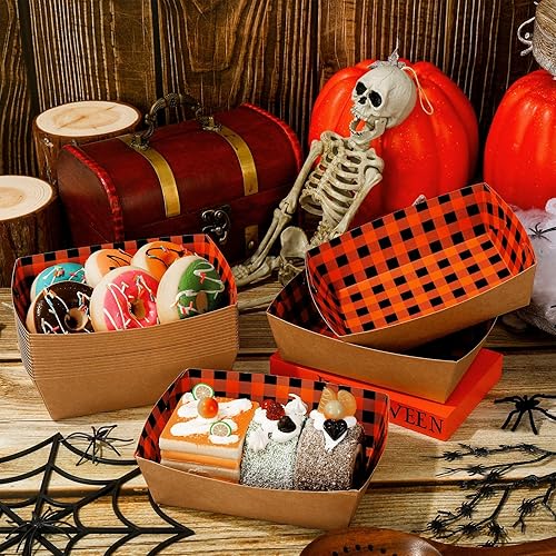 Miniatura 3 de Whaline 50 bandejas de papel de Halloween para comida de papel a cuadros negros y naranjas, botes de comida con guantes de plástico, bandejas