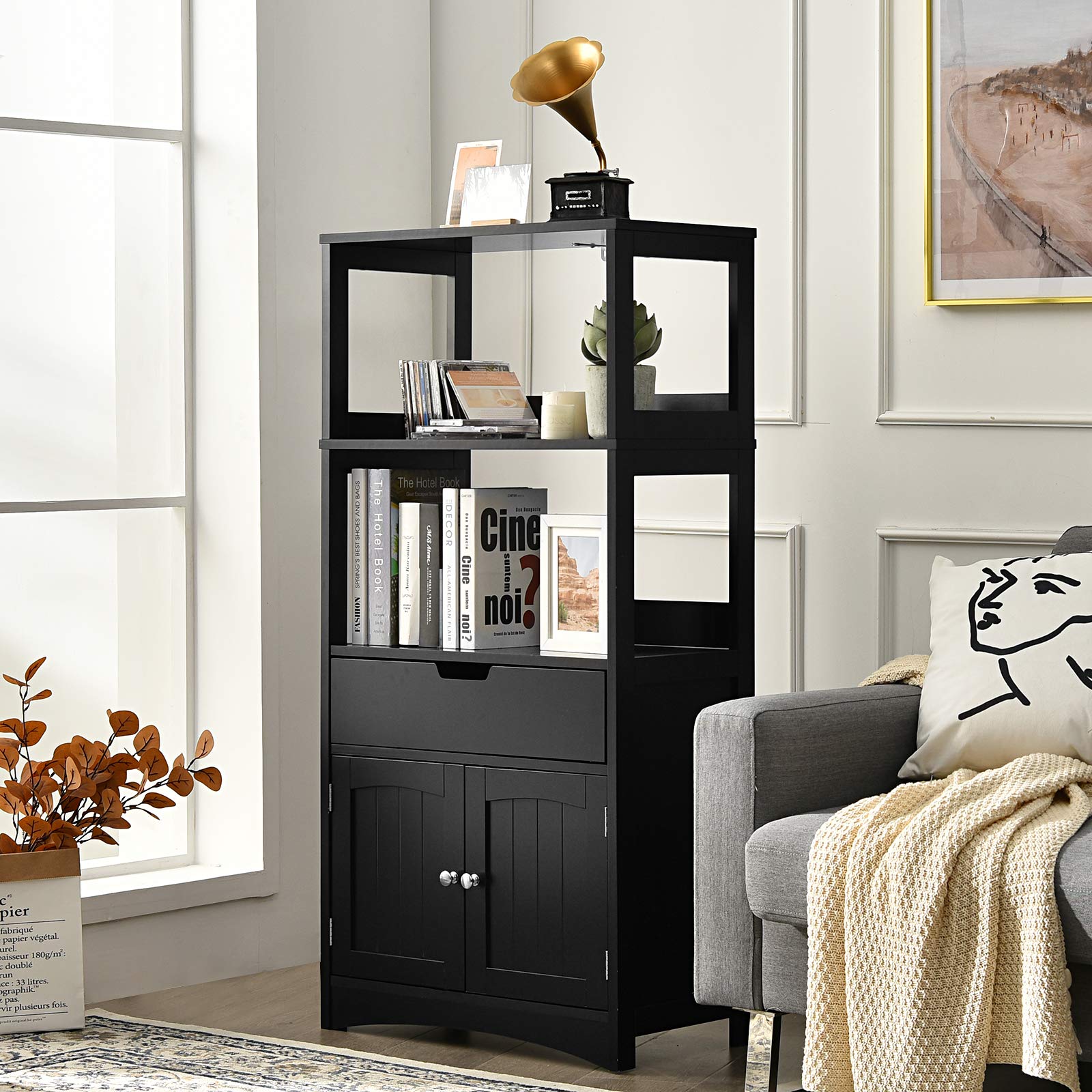 GYMAX Mobiletto da Cucina, con Cassetto e Ripiani Aperti, Mobile Armadietto Salvaspazio, per Bagno, Ingresso, Soggiorno,60 x 32 x 122 cm (Nero)