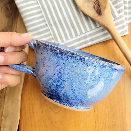 Miniatura 2 de Farmhouse Style Soup Bowls with Handles Set of 2 Deep Large - Hanging Kitchen Chowder Mugs - Handmade Pottery Decor (Variegated Blue)