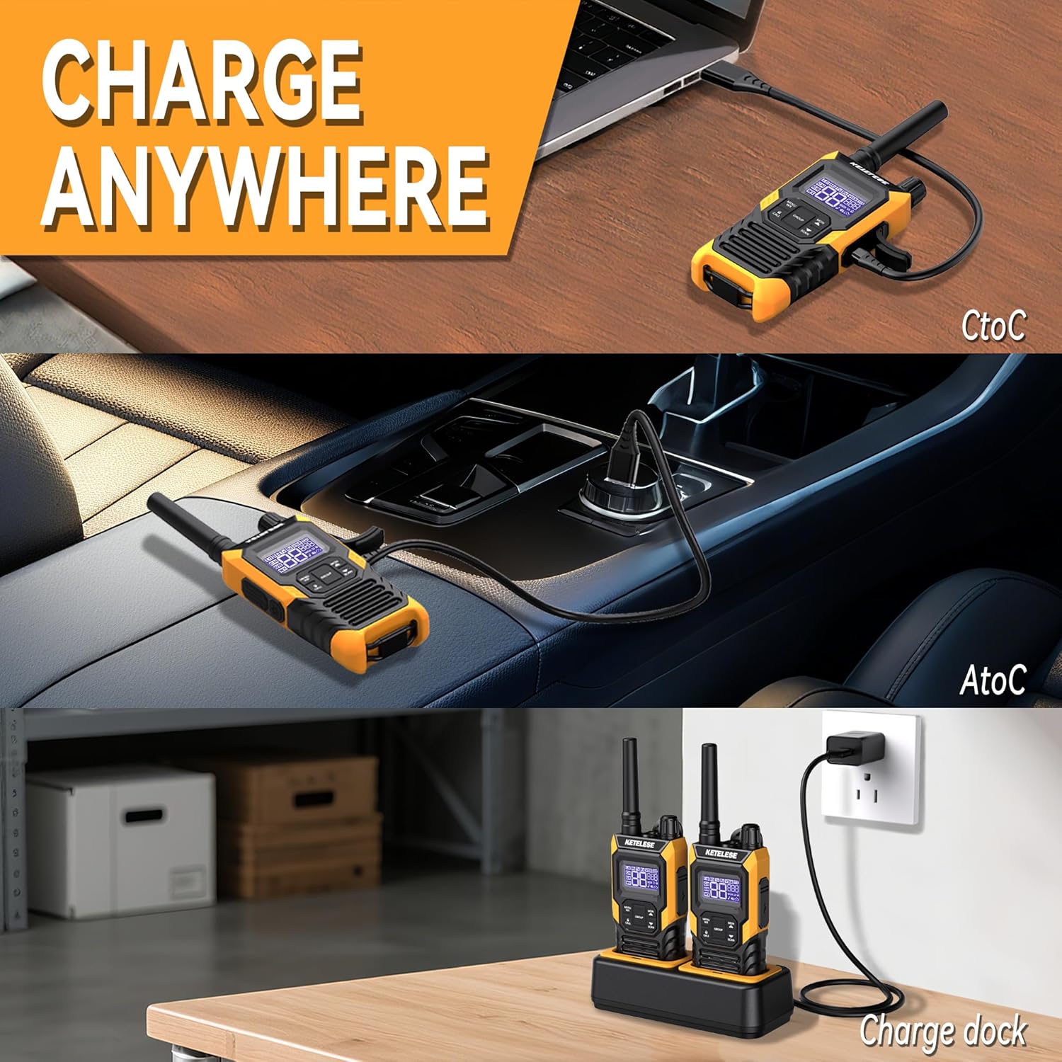 KETELESE T4 Walkie Talkie IP67 Waterproof, Type-C Rechargable Two Way Radio, Dual PTT, NOAA Weather, VOX, Group, Scan, FRS Radios 2 Watts, for Adults, 2Pack, Orange