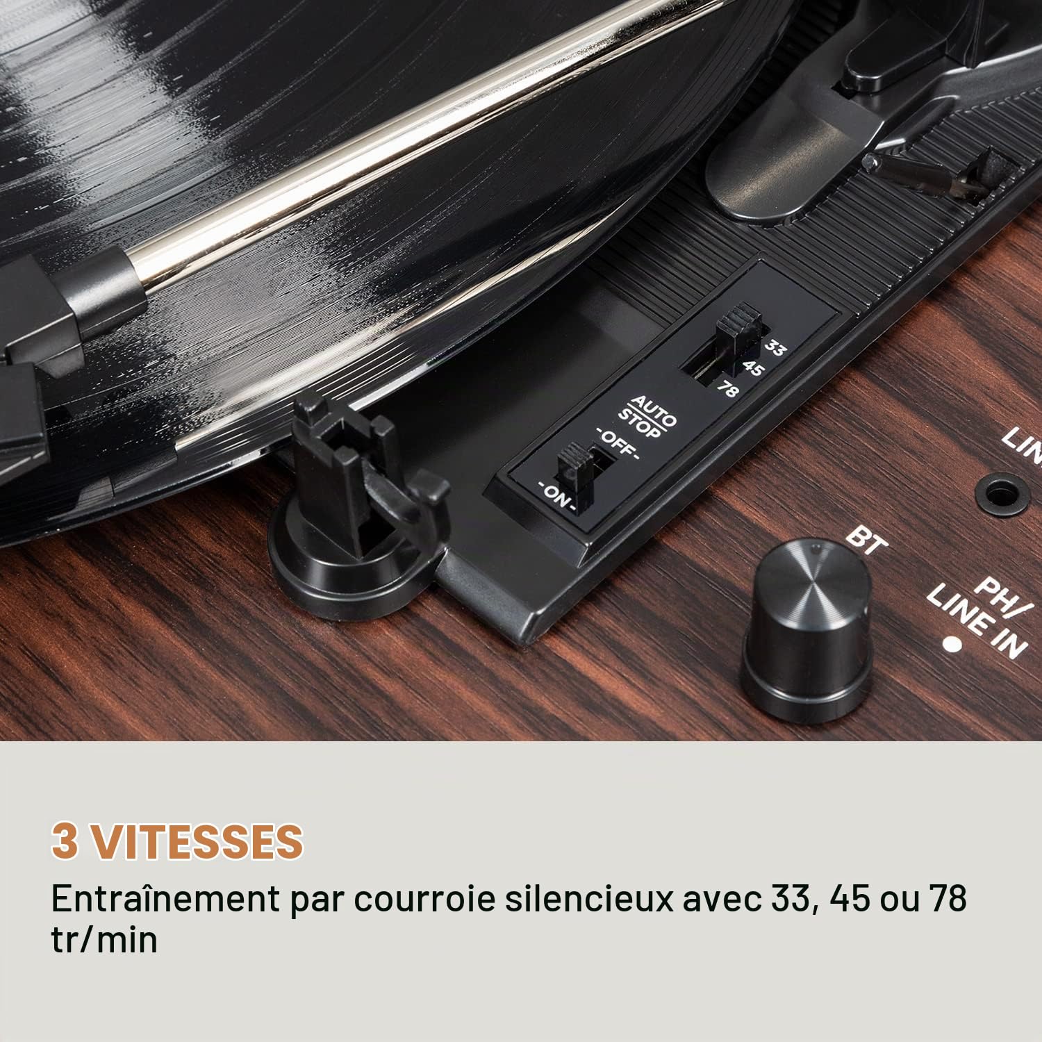 auna TT-Classic Chrono Tourne-disque vinyle avec housse anti-poussière et platine Bluetooth 33/45/78 tr/min Marron