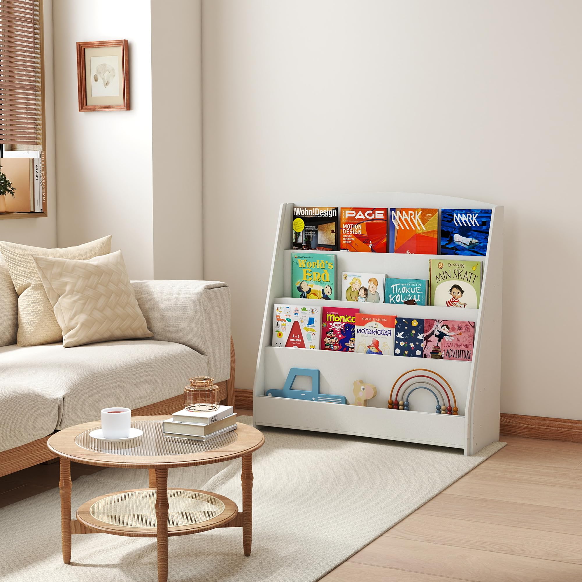 4-stöckiges Kinderbücherregal aus Holz mit 4 Einlegeböden, bücherregal Kinder für Kinderzimmer Kindergärten, 80 × 30 × 88 cm, Natur