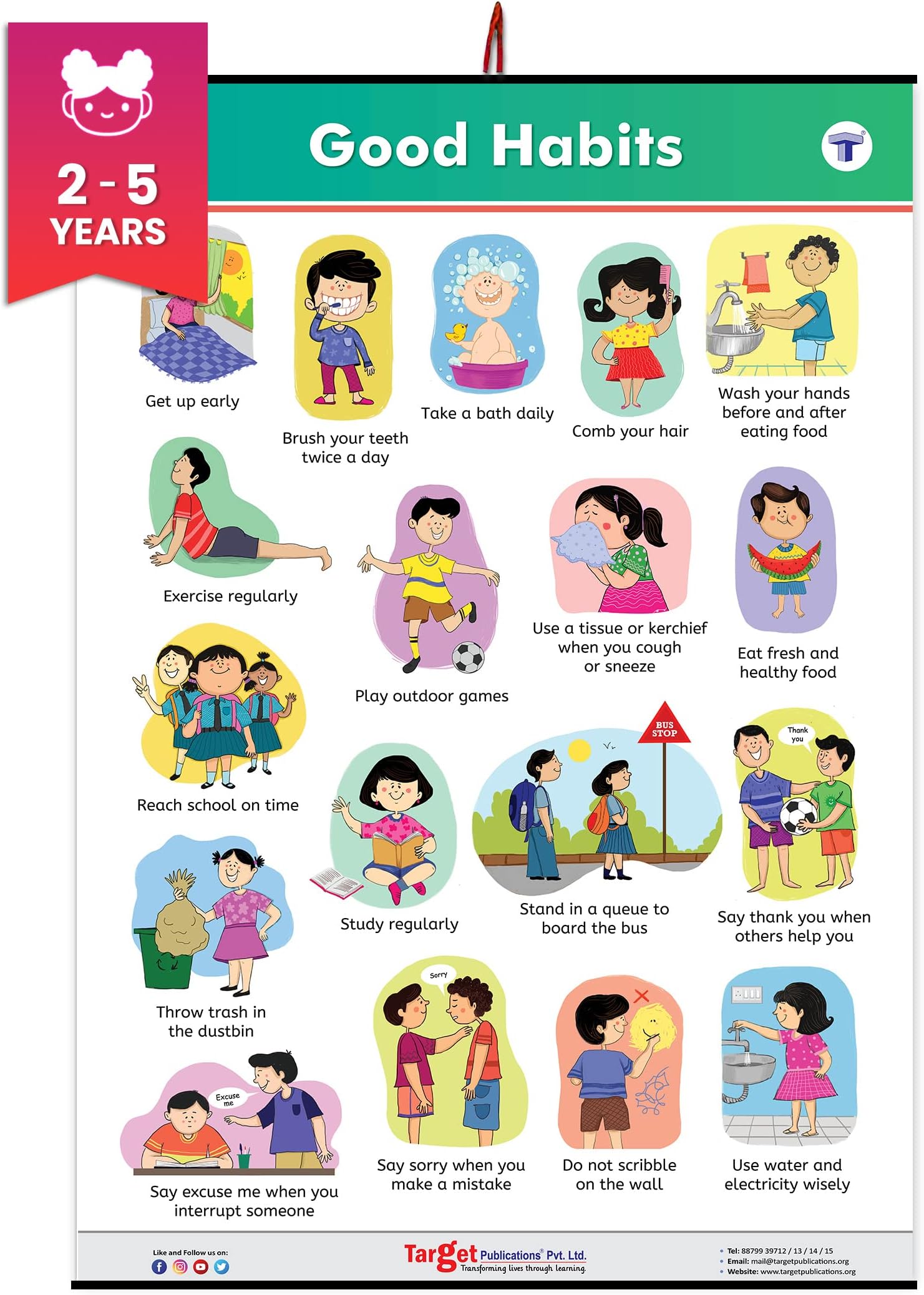 Good Habits Chart for Kids Age 2+ Years (72 x 49.5 cm) | Daily Good Manners Educational Poster with Pictures | Preschool, Nursery & Kindergarten Wall Chart | Water Resistant | QR Code for Learning