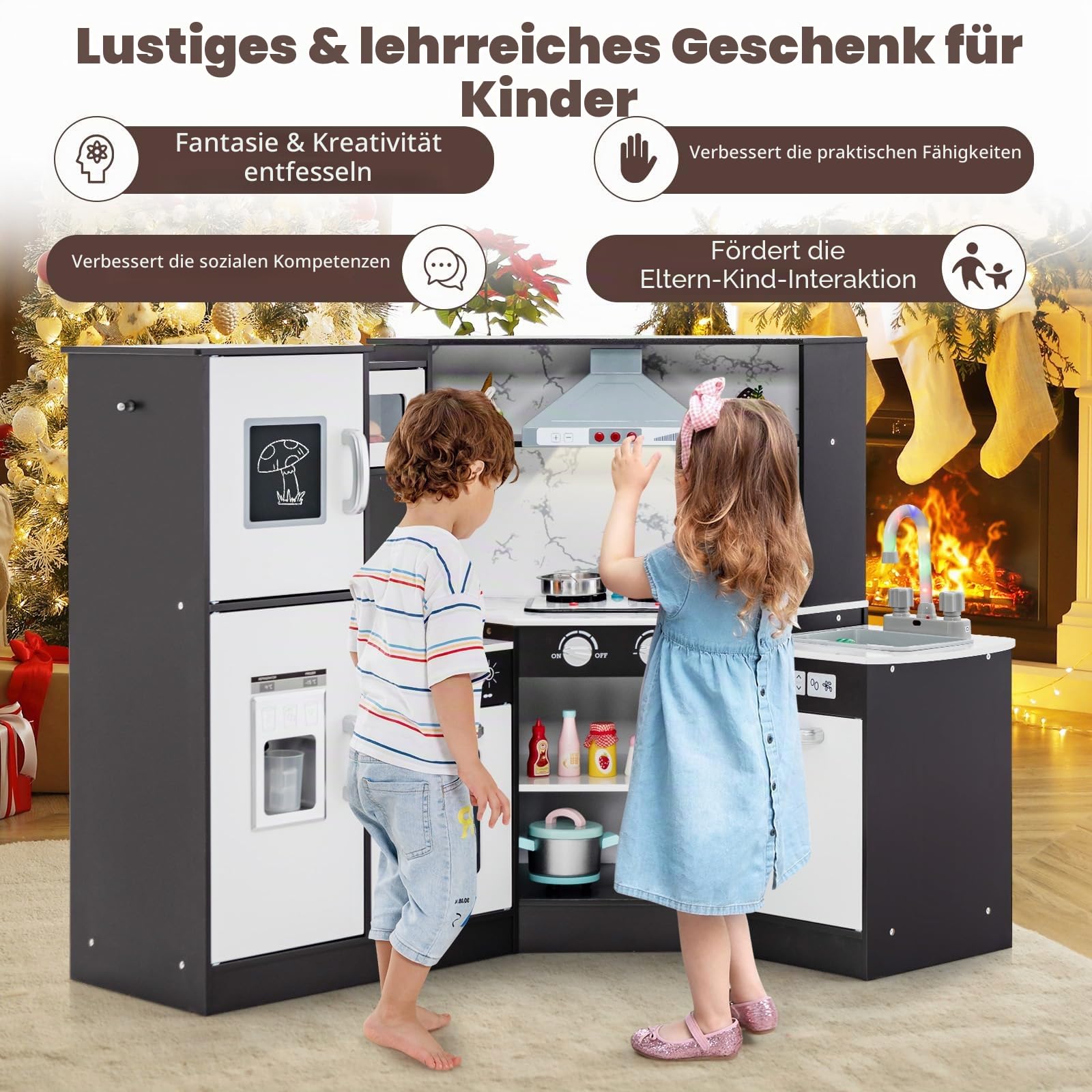 HOMASIS Eck Kinderküche Holz, Spielküche mit Licht, Sound & Dampf, inkl. 16 Zubehör, Spielzeugküche mit Spüle Herd Ofen Mikrowelle Eismaschine Kühlschrank Tafel, Küchenspielset für ab 3 Jahren (Braun)