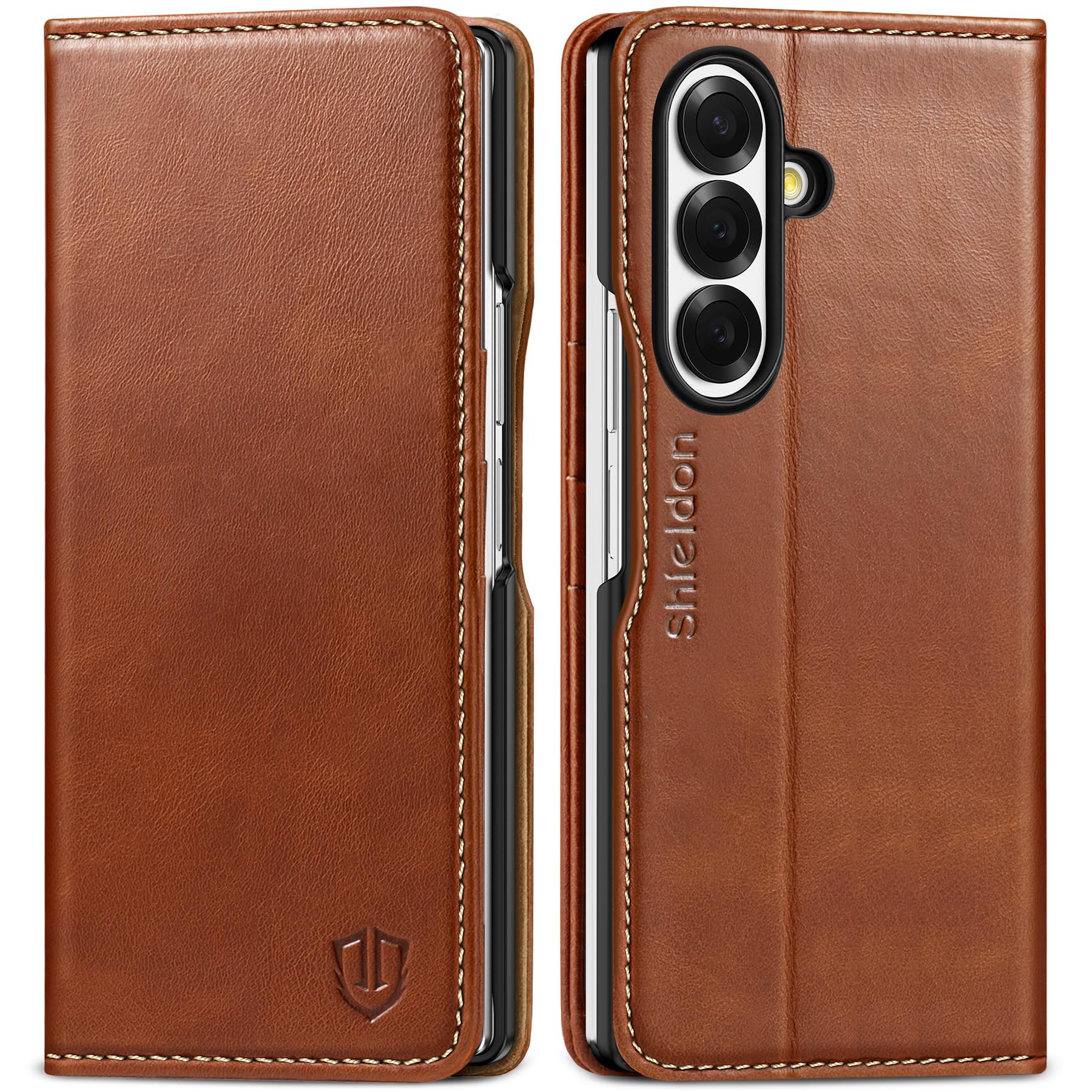 Shieldon Coque en Cuir Véritable pour Galaxy Z Fold7 (8.0"), Marron Rétro