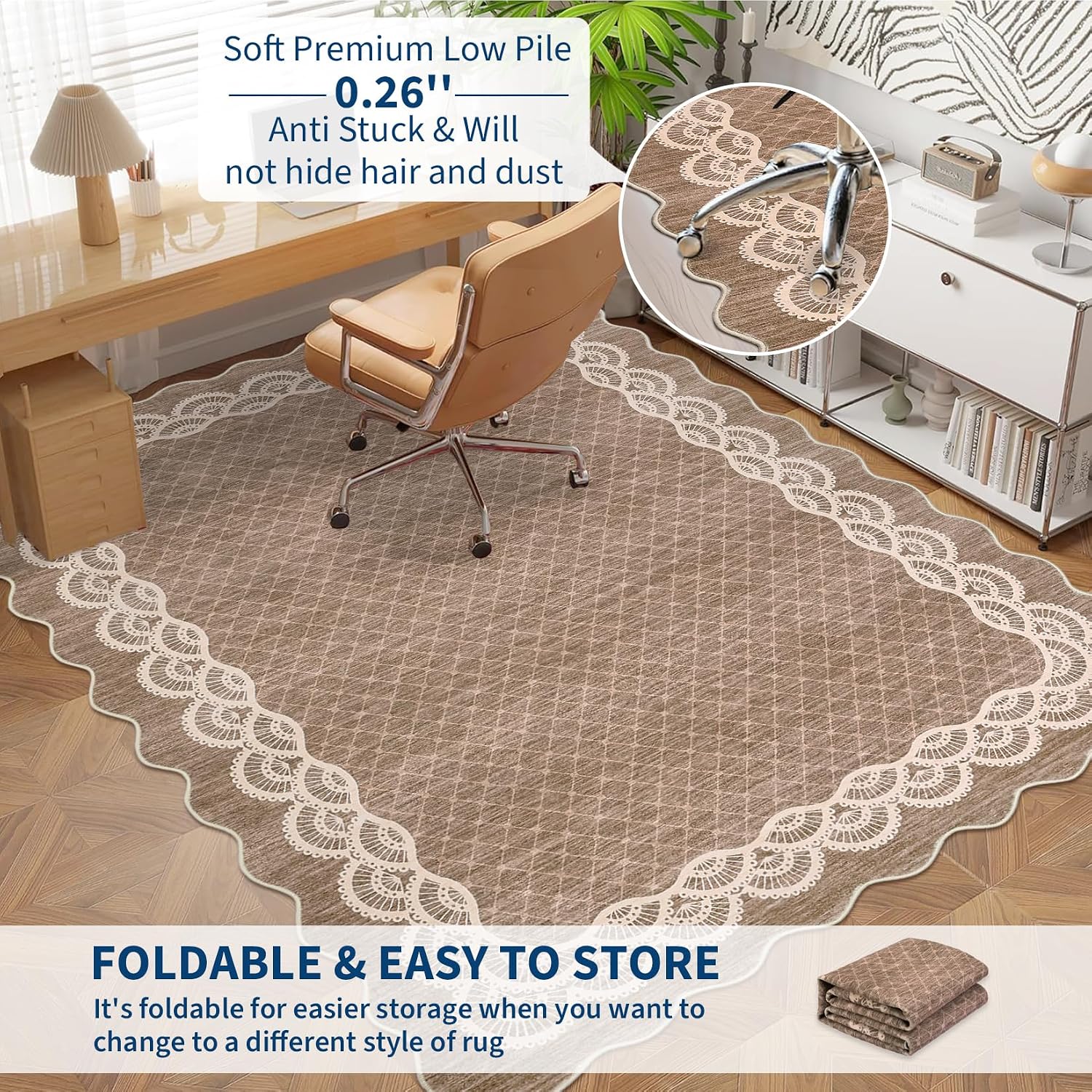 GarveeHome Washable Scalloped Rugs 5x7 Modern Geometric Living Room Rug, Stain-Resistant Scalloped Throw Rug, Soft Faux Wool Floor Cover for Bedroom, Office, Kitchen, Brown