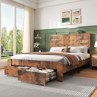 Rustic Farmhouse Full Bed Frame with 2 Storage Drawers, USB Charging Headboard, LED Lights, No Box Spring, 800lb Support