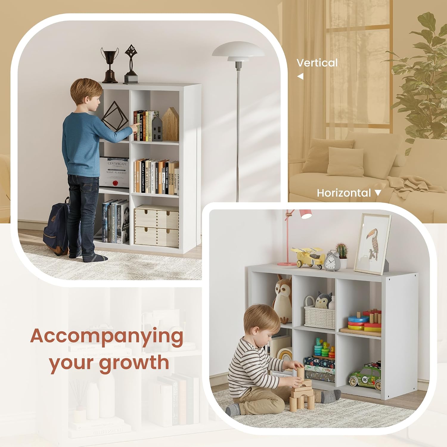 6 Cube Kids Toy Storage Organizer with Thickened Wooden Frame, Wooden Toys Storage Organizer with 6 Cubbies Storage Shelves, 6 Cube Book Shelves Storage for Kids Room, 14.6 x 43.8 x 30.7, White