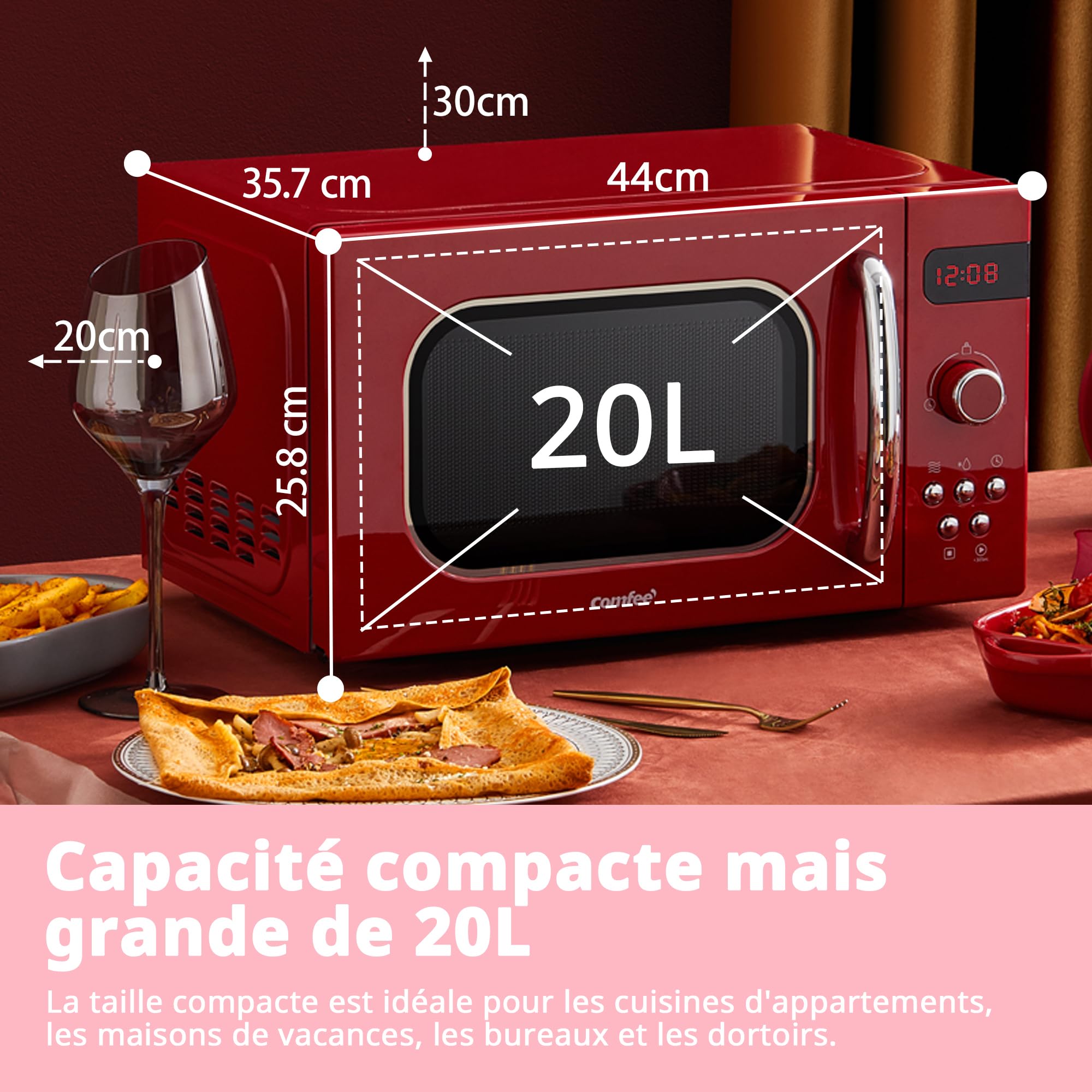 Comfee CMSRO 20 di rd Micro-ondes rétro avec 8 menus automatiques, 5 niveaux de puissance de cuisson, bouton de cuisson express, 20 L, 800 W, rouge passionné