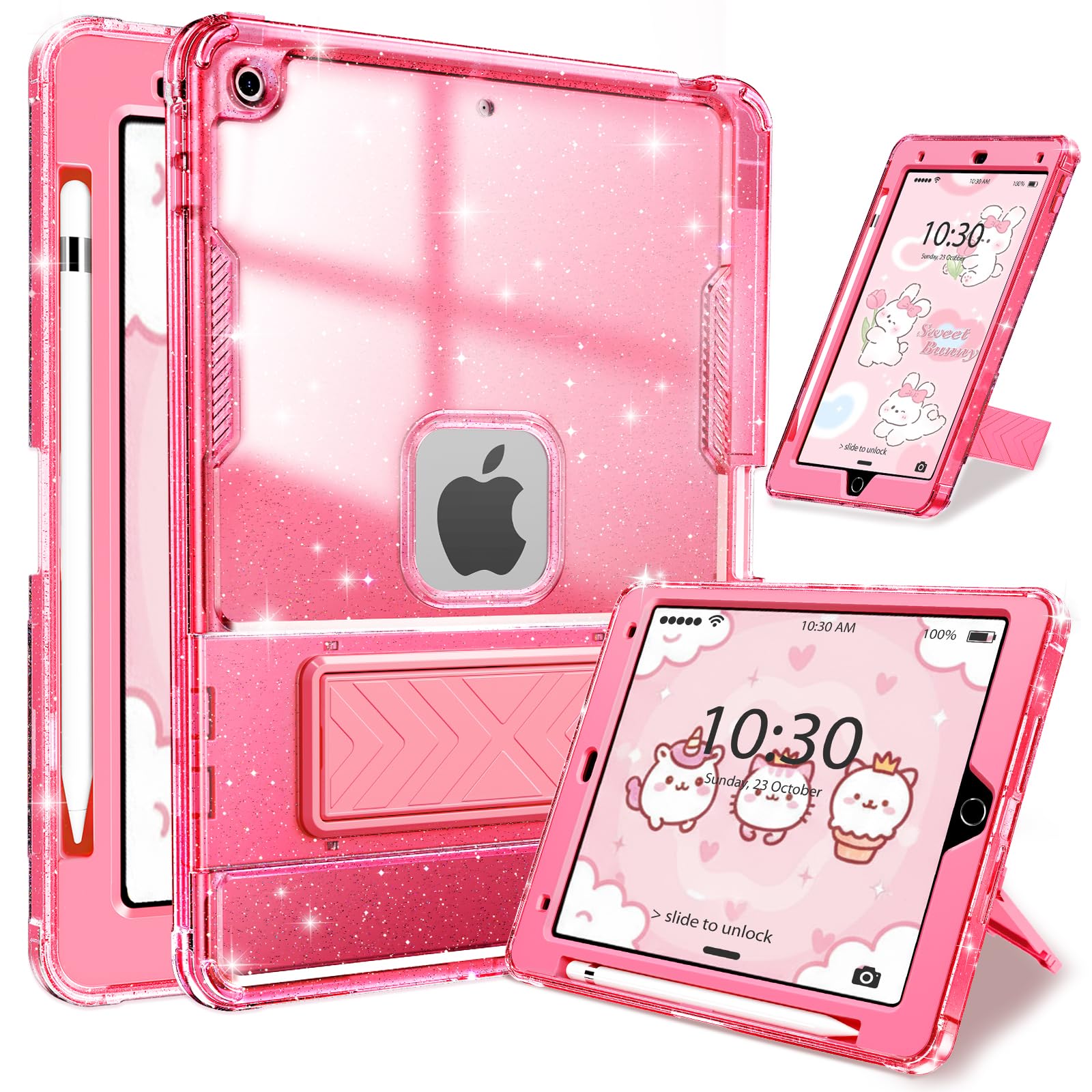 INFILAND Case for iPad 9th/8th/7th Generation 2021/2020/2019 10.2 inch Glitter Clear, Shockproof Protective Cute iPad 7/8/9 Gen Cover with Stand, Pencil Holder for Kids, Girls, Women (Pink)