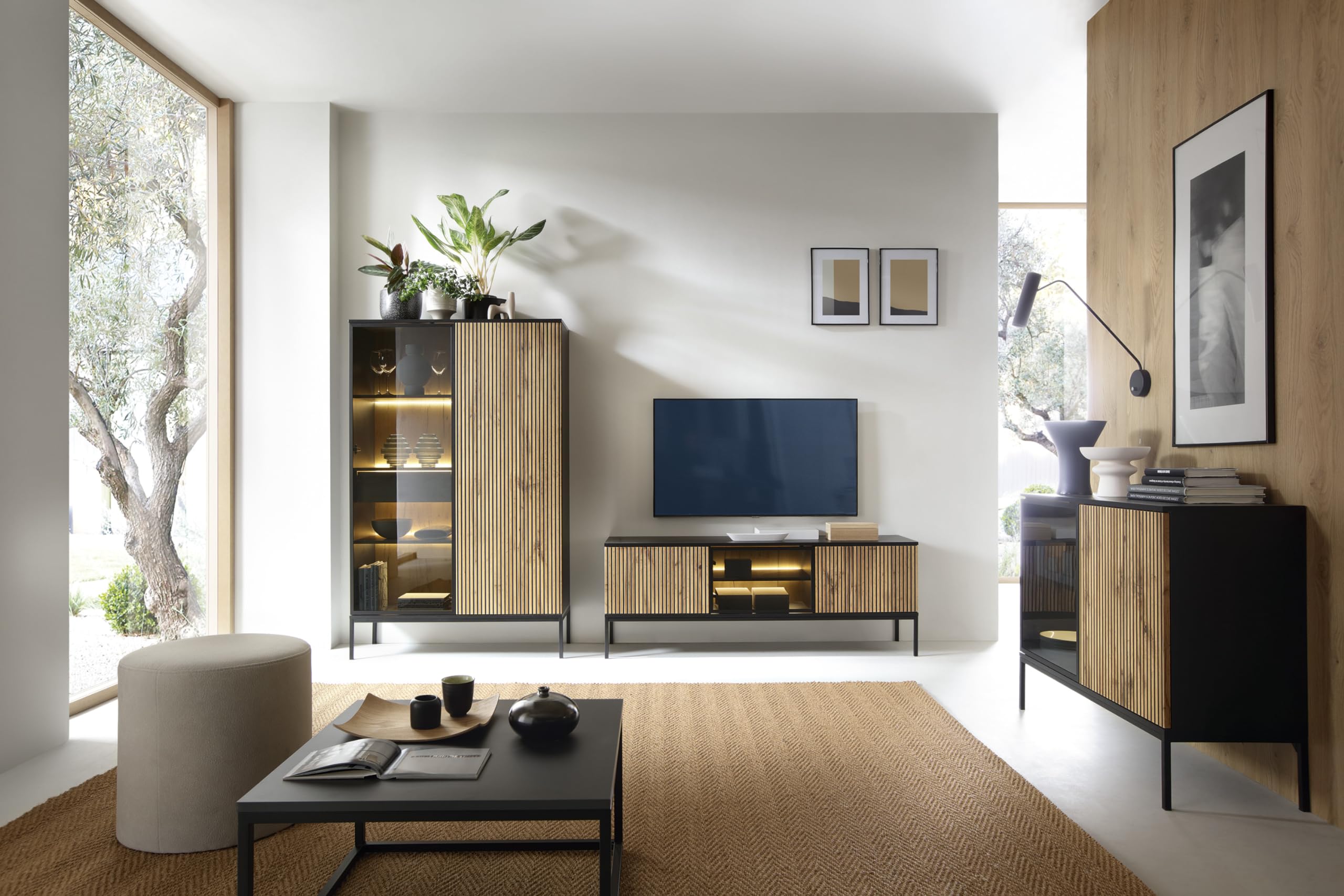 Daveno Vitrinenschrank 100 cm, Glasvitrine Stehend - Highboard, Vitrine, Glasvitrine Schwarz mit LED und Lamellen - 166 cm hoch