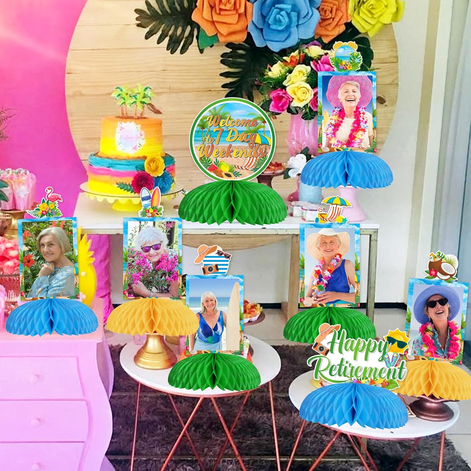 Funmemoir Tropical Retirement Party Decorations - 8PCS Photo Honeycomb Centerpieces, Summer Beach Retired Flamingo Hawaiian Luau Happy Retirement Farewell Going Away Party Decorations