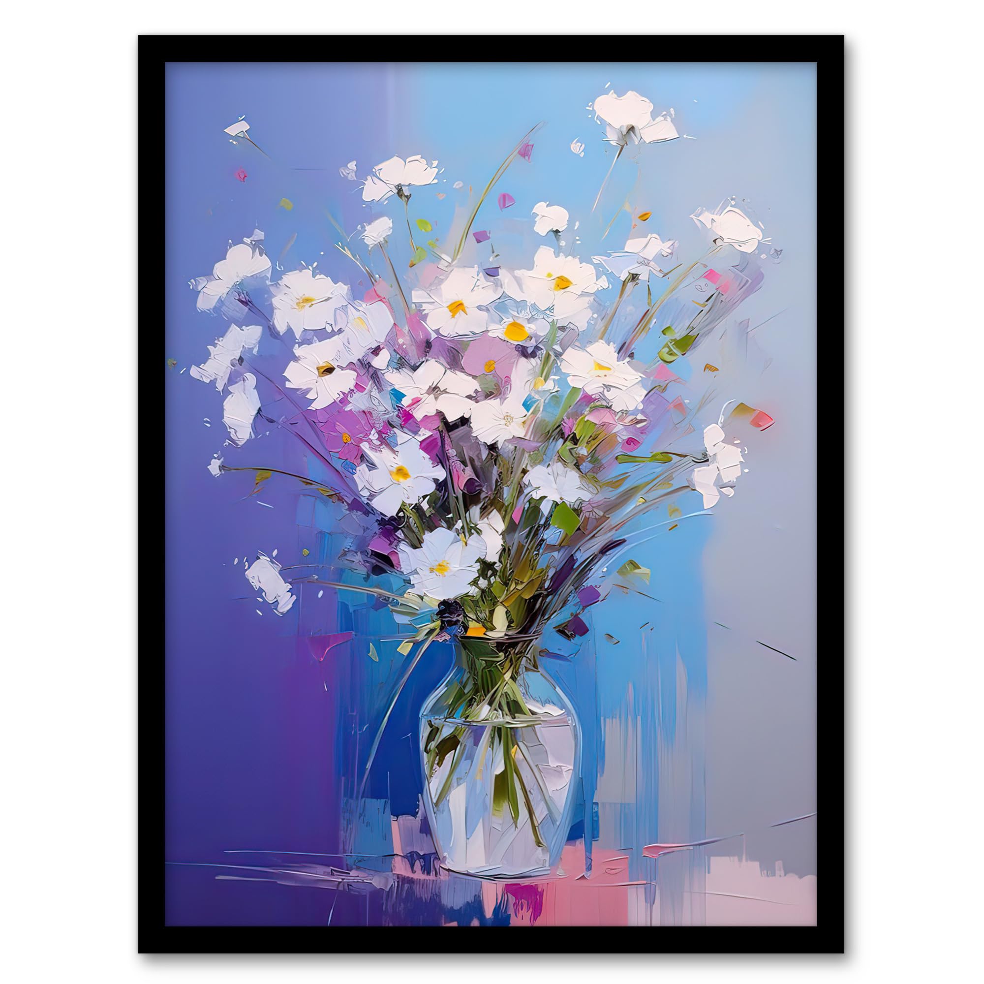 Artery8 White Daisy Bouquet in Glass Vase Abstract Oil Painting Pastel Colour Purple Blue Wildflower Blooms Artwork Framed Wall Art Print A4