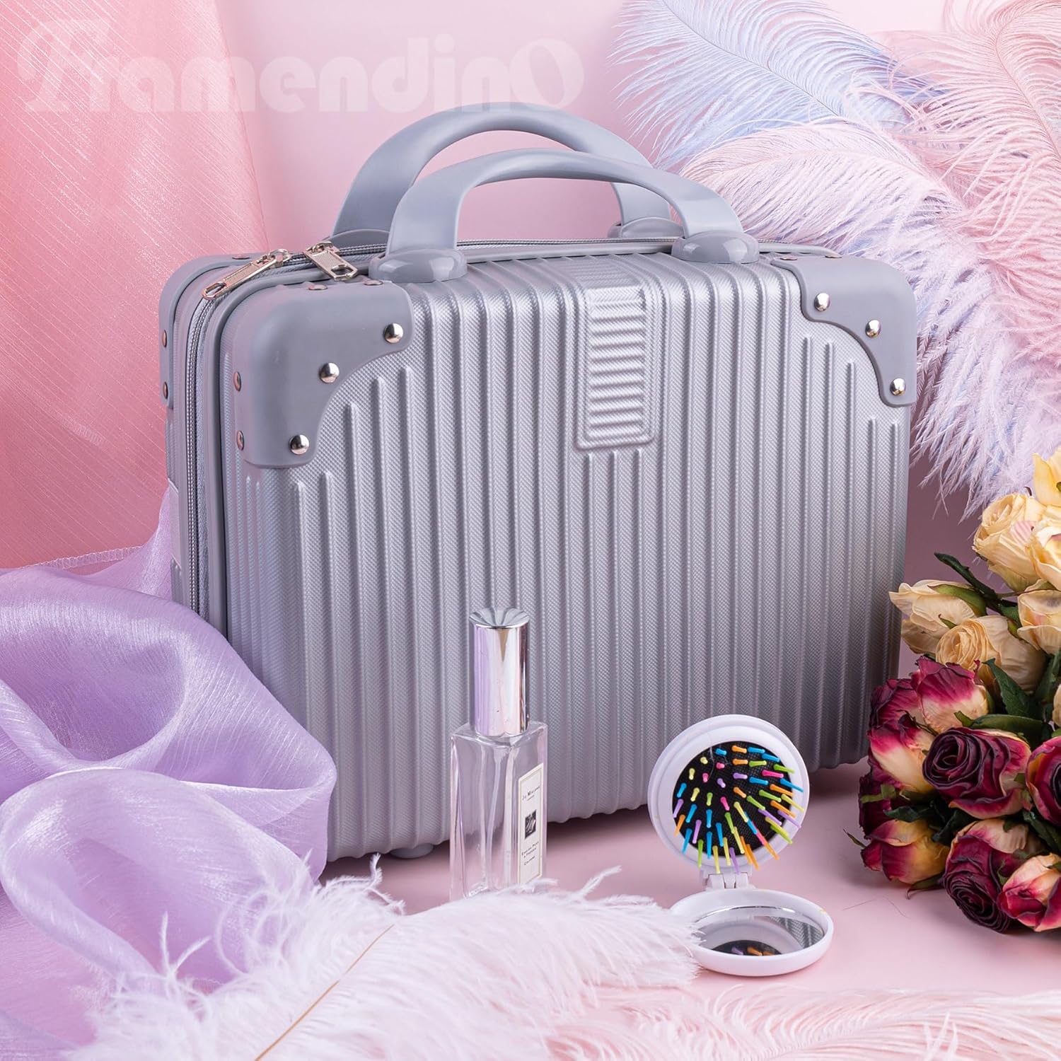 Framendino, Portable Hard Shell Cosmetic Organizer Bag Travel Case Hand Luggage With Elastic Band Silver