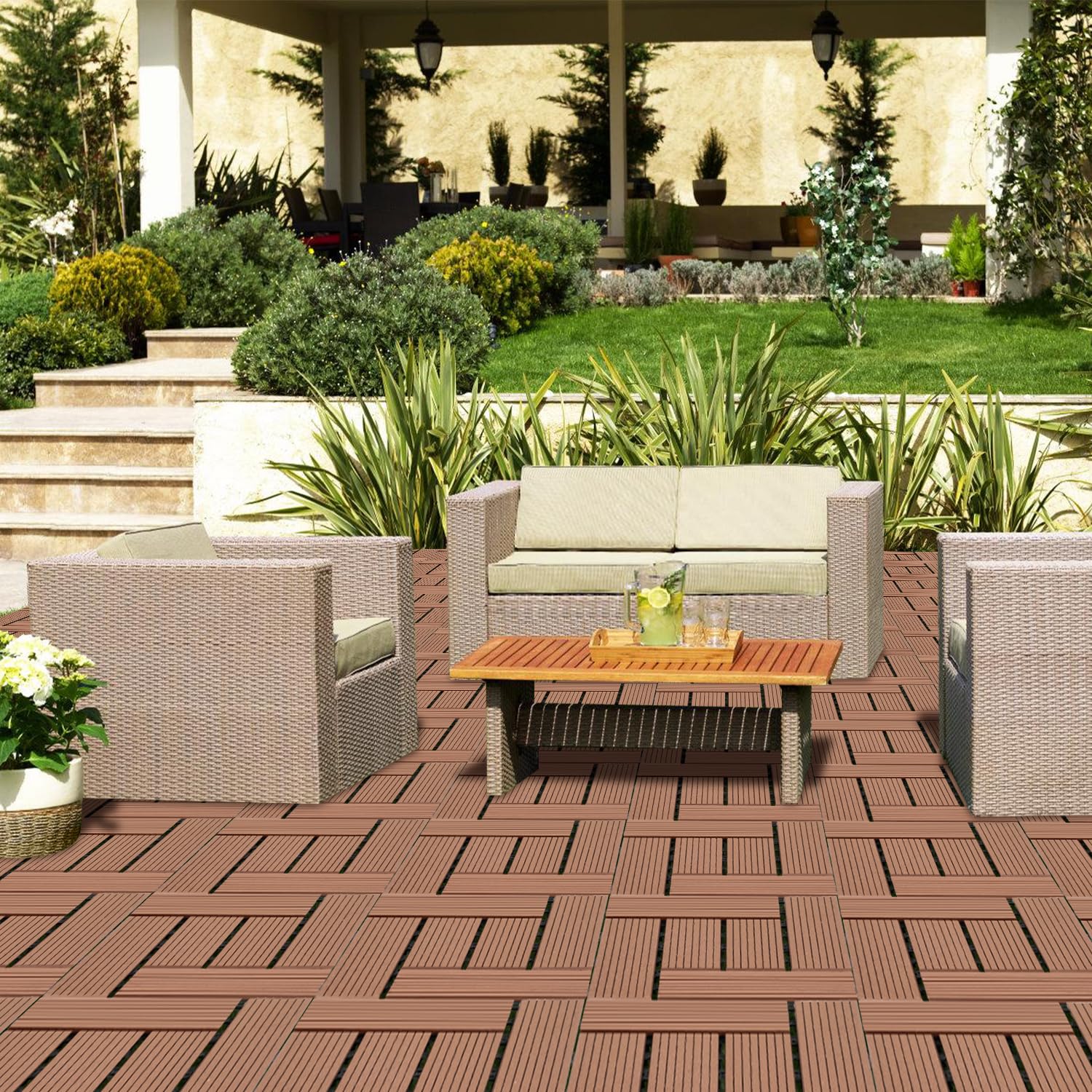 Confezione da 11 piastrelle in WPC per terrazze, colore marrone, 30 x 30 cm – 1 m², ideali per esterni, piastrelle a scatto, per balcone, giardino, terrazza, pavimenti, semplici, rapide e