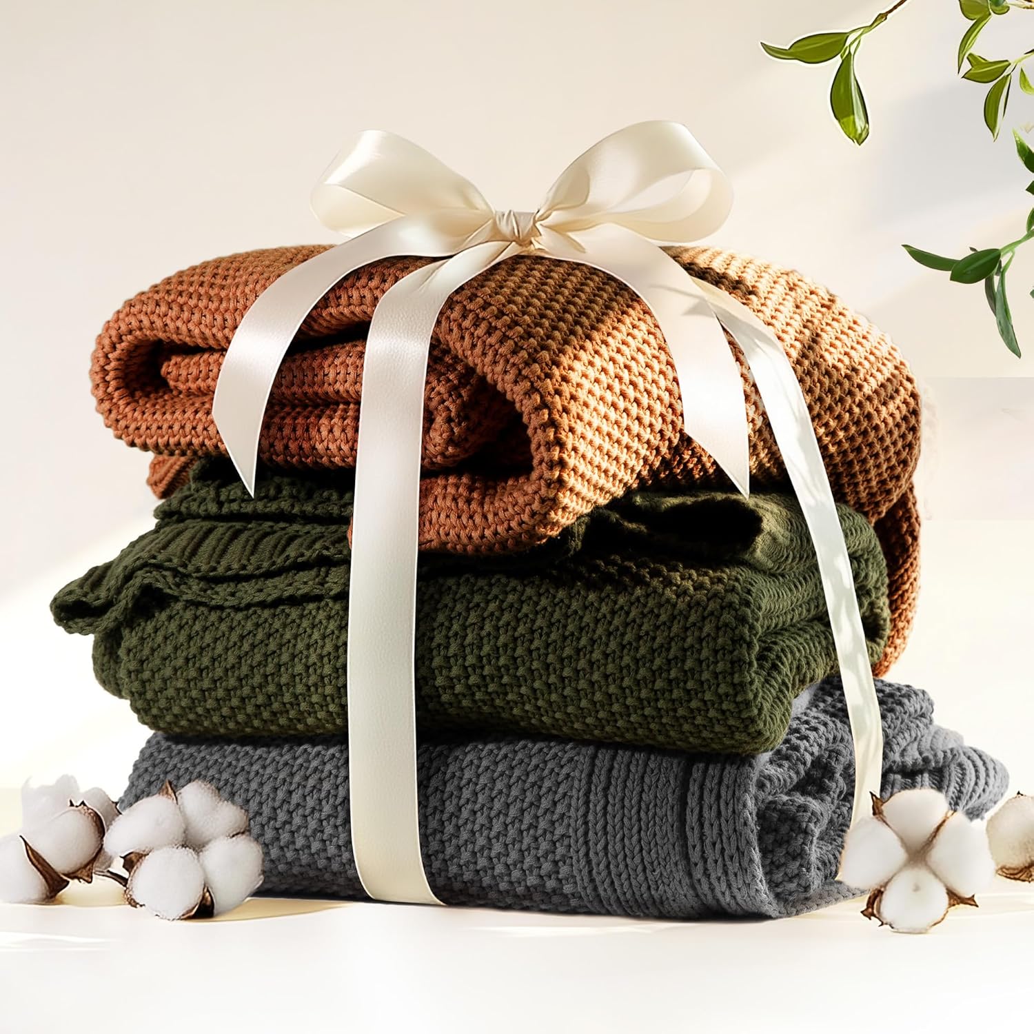 100% Cotton Cable Knit Throw Blanket, Lightweight Soft Knit Blanket for Sofa Couch Bed, Breathable All-Season Throw, Cozy Decorative Blanket, 50 x 60 Inch,Olive Green