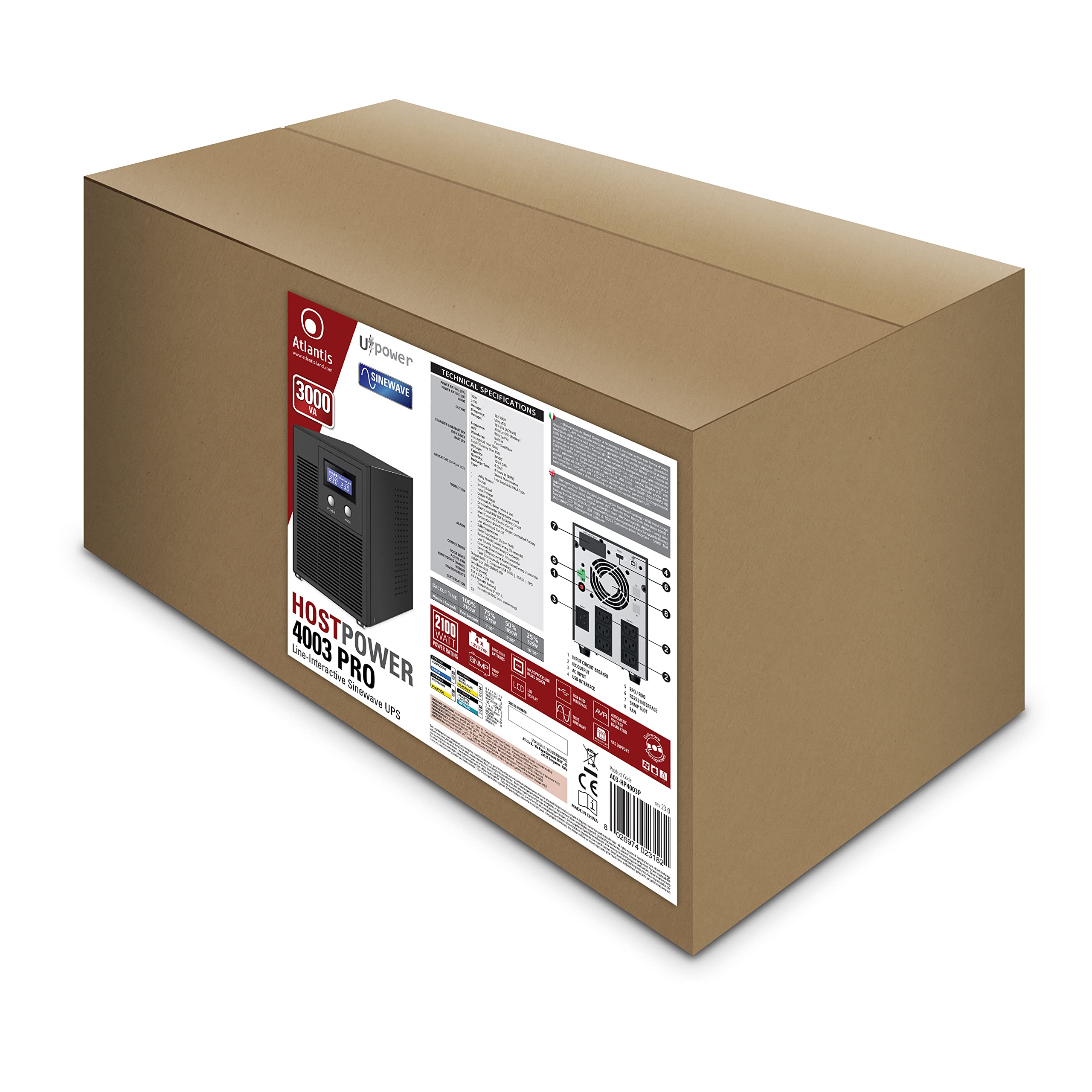 Atlantis A03-HP4003P Sistema de alimentación ininterrumpida Onda sinusoidal Pura 3000VA 2100W Line Interactive, Pantalla LCD, USB-HID, 6 Salidas IEC, 4 baterías 12V 7Ah, RS232, Ranura SNMP, Software