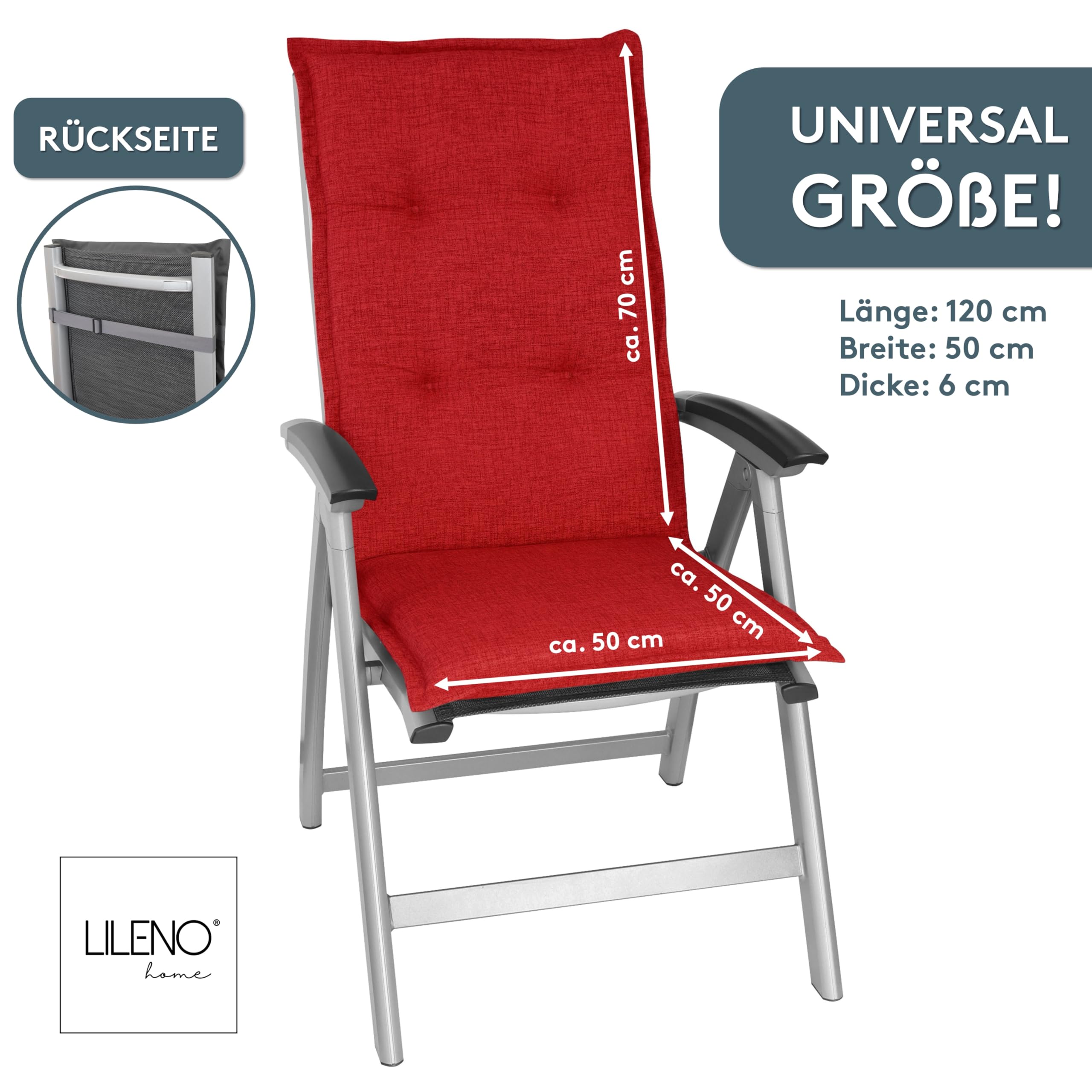 LILENO HOME Set di 2 cuscini per sedia da giardino con schienale alto, colore rosso, comodi cuscini per sedie da giardino e sedie pieghevoli