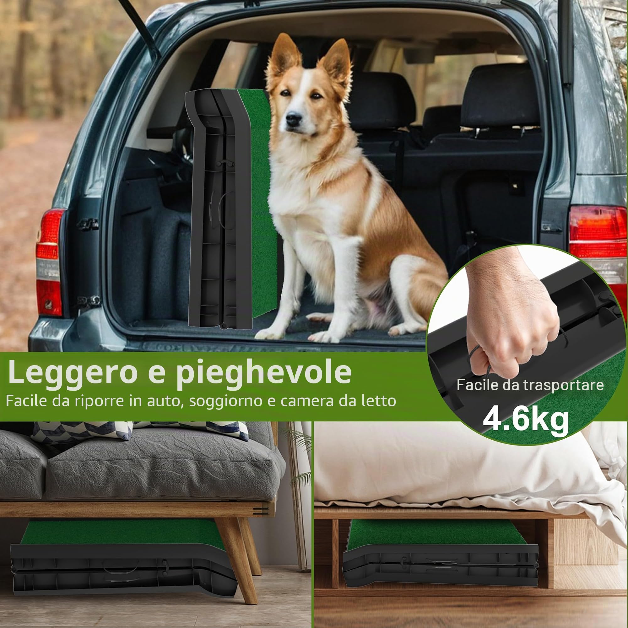 Rampa per cani pieghevole con erba artificiale, rampa per cani antiscivolo fino a 90 kg, scala per cani grandi e piccoli, rampa per bagagliaio auto, scala per cani, 156 x 40 cm, verde