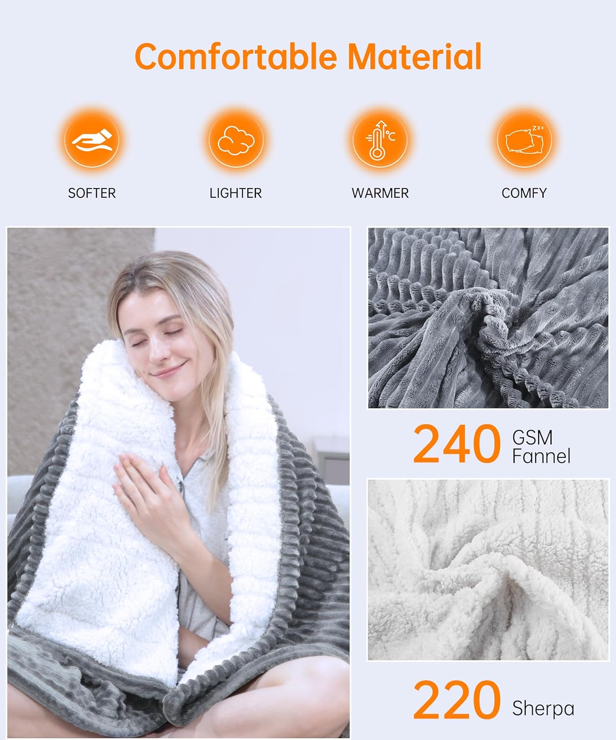Electric Heated Blanket Throw, Heating Blanket Throw with 4 Timer Settings & 6 Heat Settings, Best Winter Gifts for Men and Women, White Elephant Gifts for Adults (84x90 Inch, Grey) - Image 2