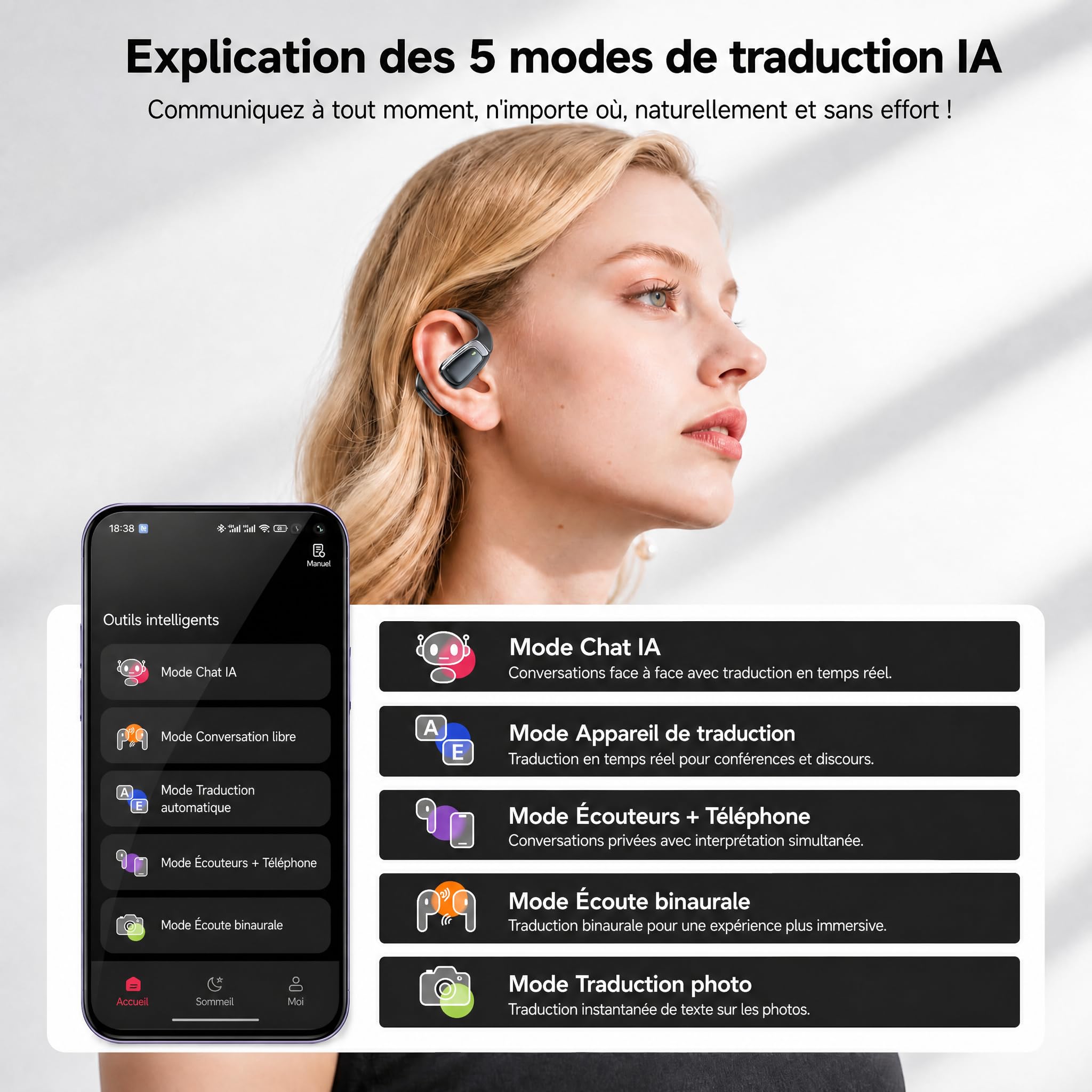 NE25 AI Traducteur Vocal Instantané 60H Écouteur Traducteur avec Écran 165 Langues 7 Modes de Traduction