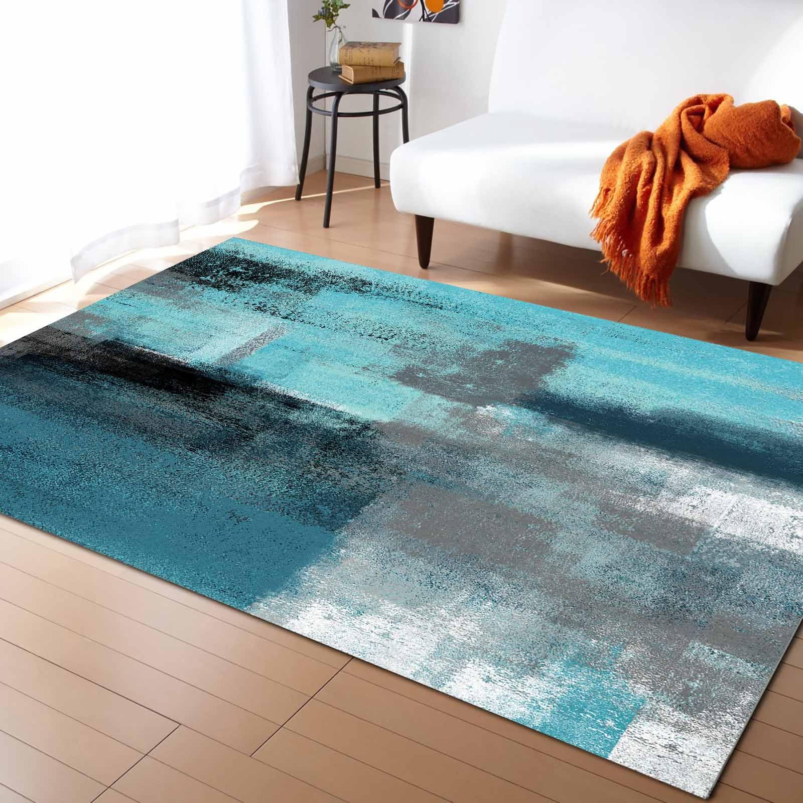 Rugs Oil Painting Artistic Smear Abstract Geometric Blue Area Rug Non-Slip Stain-Proof Accent Area Rug for Bedroom Living