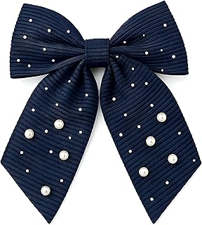 فيونكة شعر مزخرفة بتفاصيل لؤلؤ مثالية للمناسبات الخاصة وتحسينات التصفيف اليومي، لون أزرق كحلي، مقاس 10.2 سم