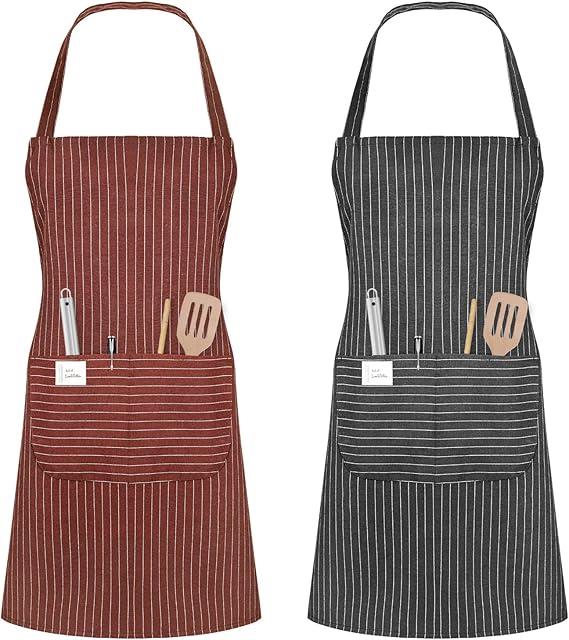 Vicloon Unisex Adjustable Bib Apron, 2 Pcs Apron with 2 Pockets Cooking Kitchen Chef Aprons, Women Men Aprons for Home Kitchen, Restaurant, Coffee house (Grey/Coffee)